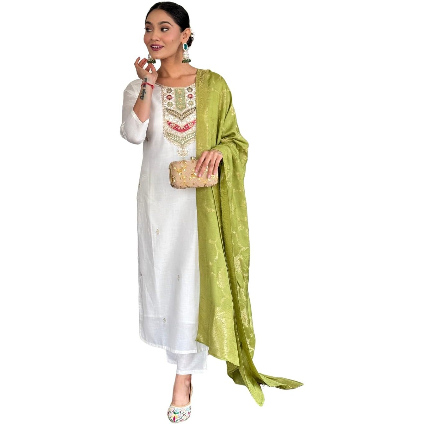 Naixa Women's Pink Viscose Cotton Embroidered Straight Kurta with Viscose Cotton Pant and Cotton Dupatta Sets (NX-585-Pista-XL)