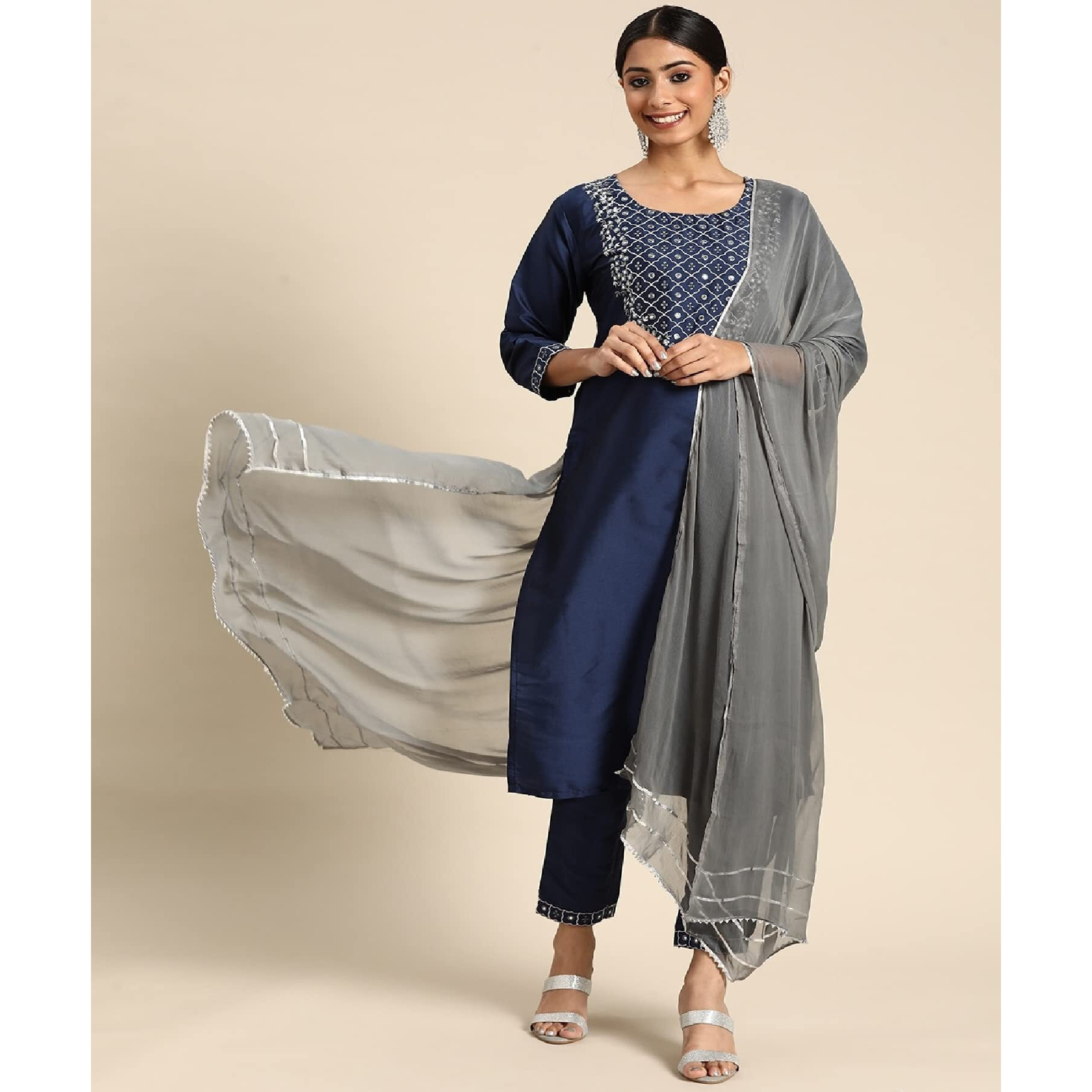 LookMark Womens Art Silk Kurta and Pant Set with Dupatta Navy Blue-Grey
