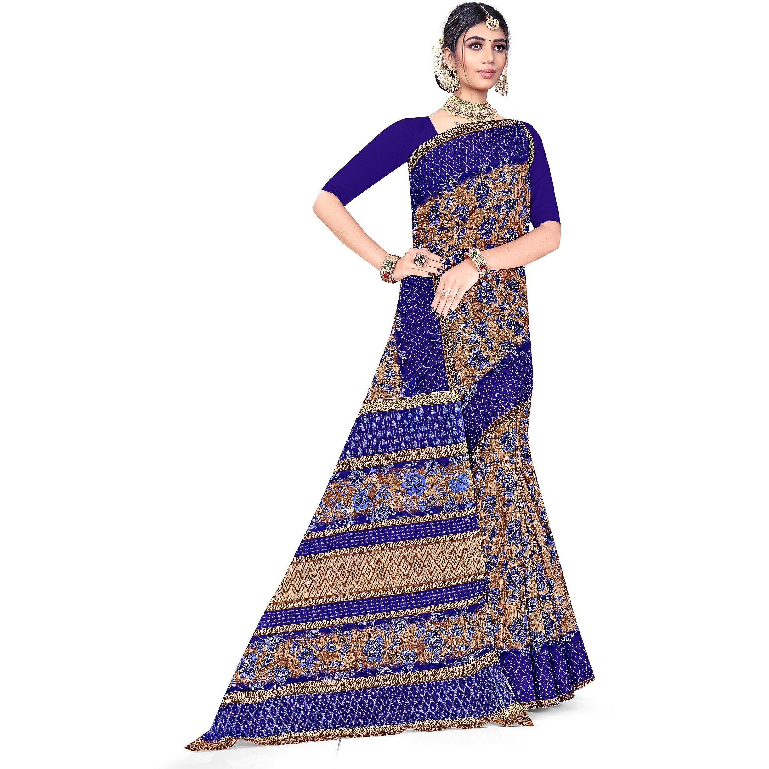 TAMAIRA FASHION Women's Plain Weave Floral Print Pure Cotton Saree Without Blouse Piece(11146_Beige&Blue)