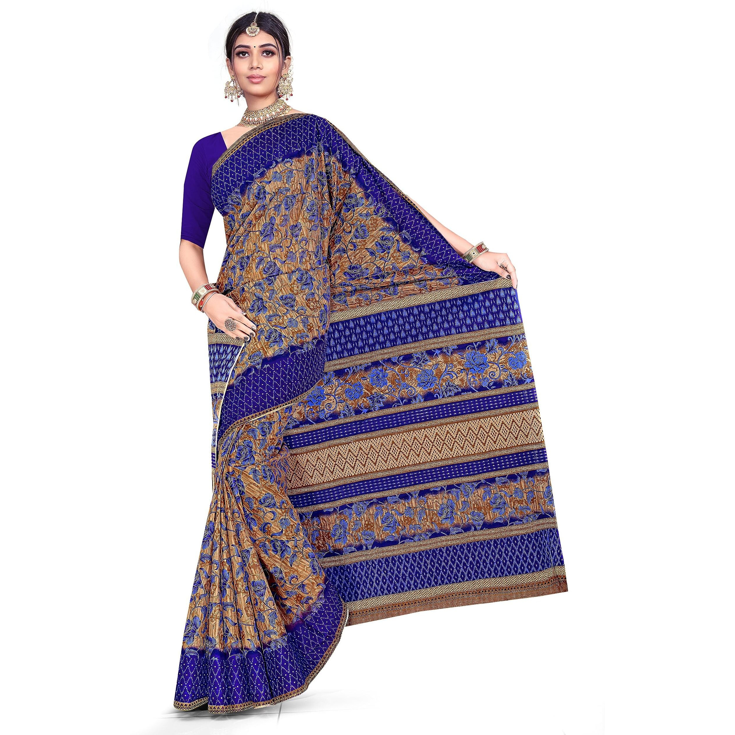 TAMAIRA FASHION Women's Plain Weave Floral Print Pure Cotton Saree Without Blouse Piece(11146_Beige&Blue)