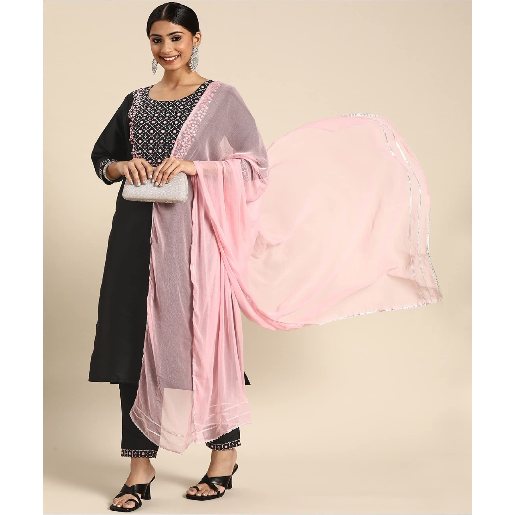LookMark Womens Art Silk Kurta Pant with Dupatta Set (KS2049-M_Black-Pink)