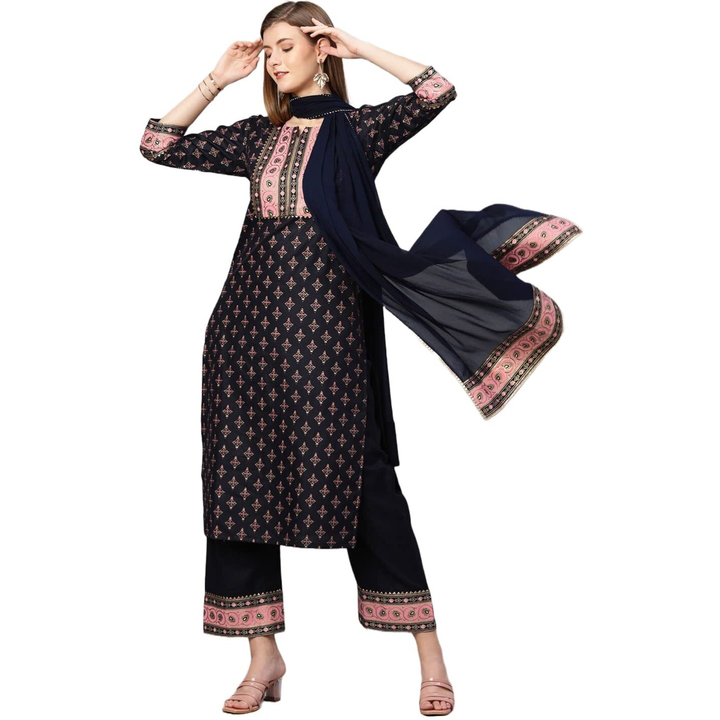 GoSriKi Women's Cotton Blend Straight Printed Kurta with Pant & Dupatta (Sitara Blue_XXL-GO_Blue_XX-Large)