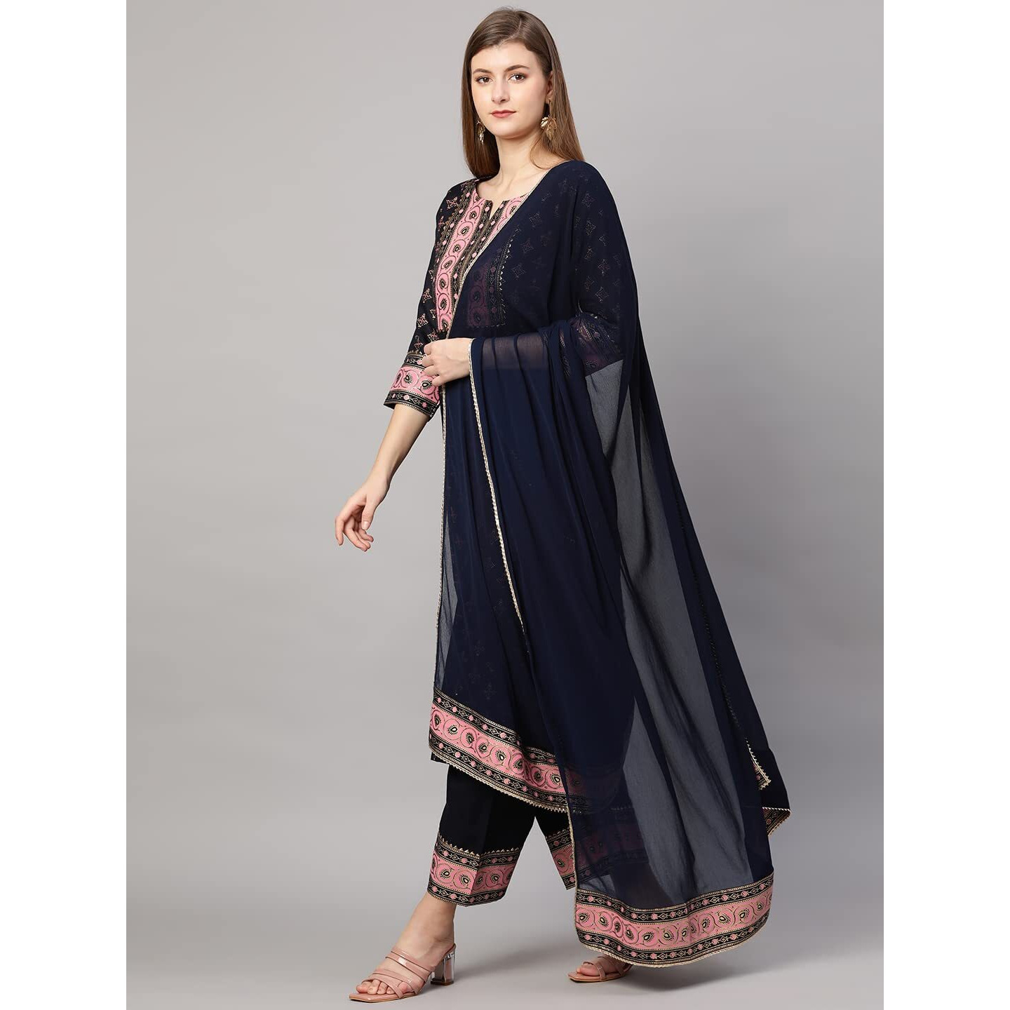 GoSriKi Women's Cotton Blend Straight Printed Kurta with Pant & Dupatta (Sitara Blue_XXL-GO_Blue_XX-Large)