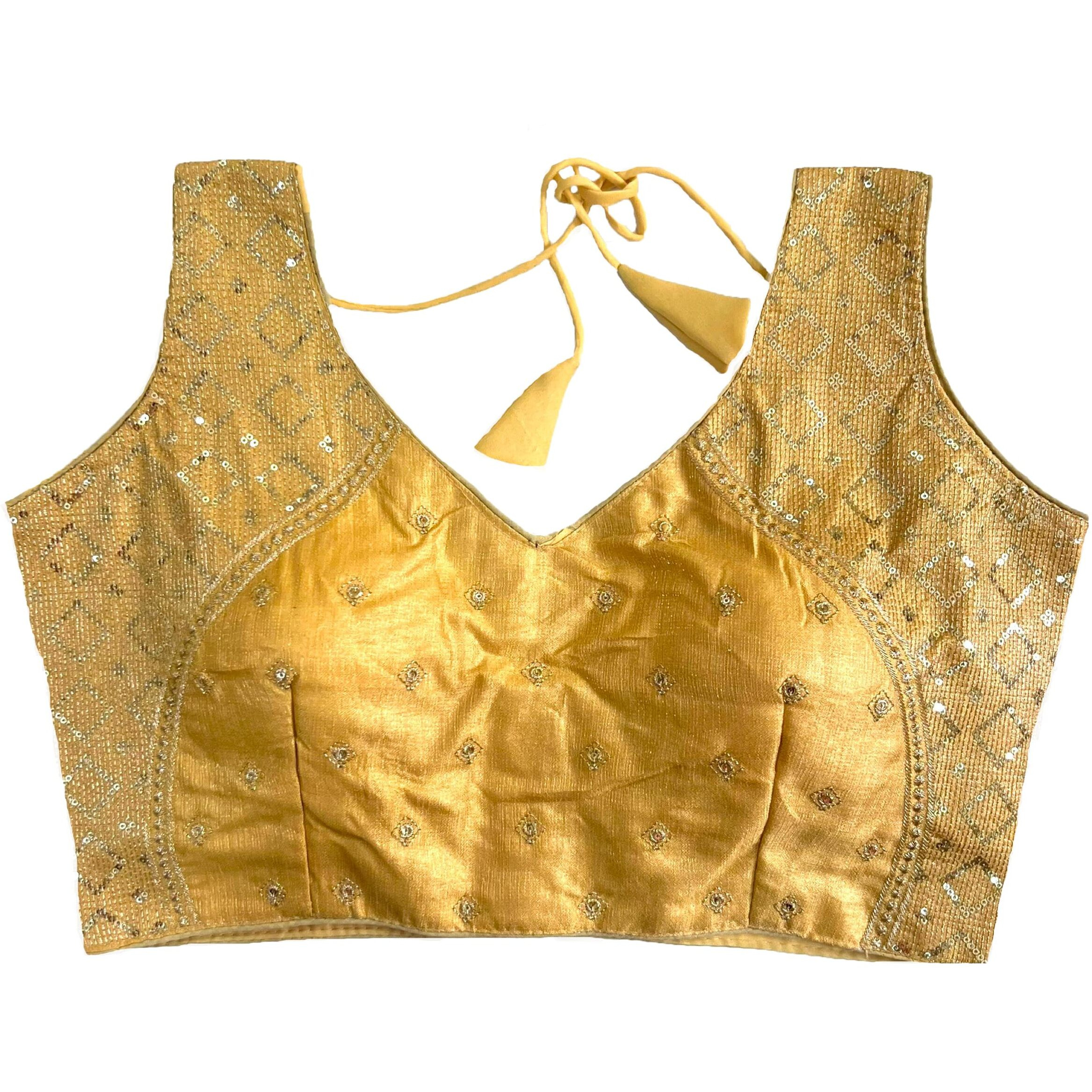 Vihu Fashion Women's Sequin Embroidered V Neck Sleeveless Saree Blouse Indian Ethnic Designer Stitched Readymade Saree Blouse Gold Sleeveless Padded Readymade Blouse for Women