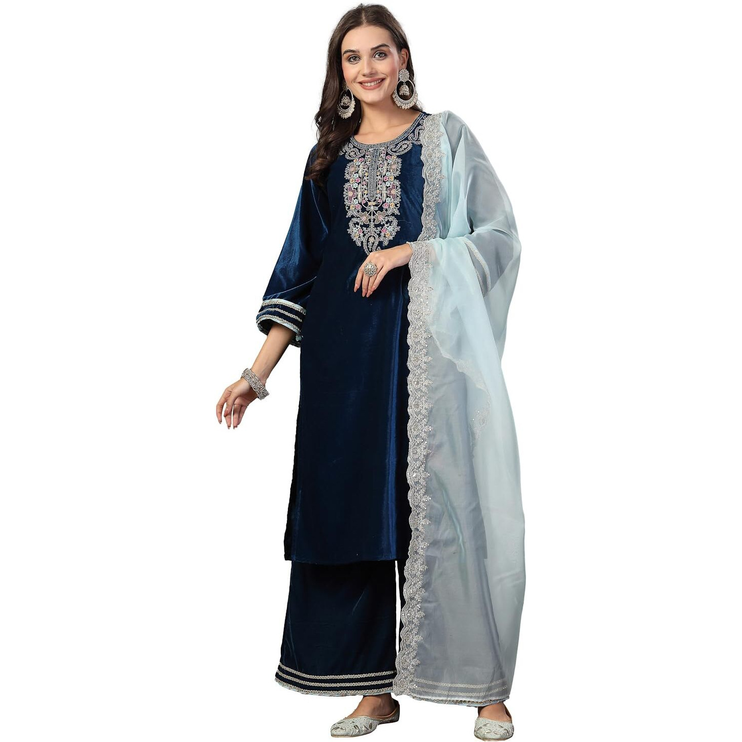 Stylum Women's Solid & Embroidered Velvet Straight Kurta Pant Dupatta Set (KPDBLUESIMAR42_Blue, XL)