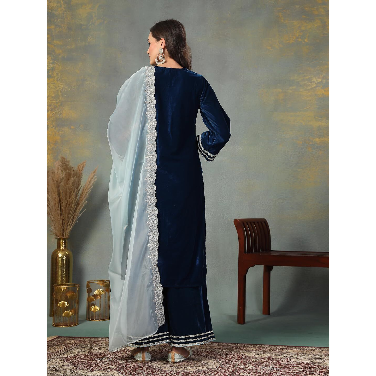 Stylum Women's Solid & Embroidered Velvet Straight Kurta Pant Dupatta Set (KPDBLUESIMAR42_Blue, XL)
