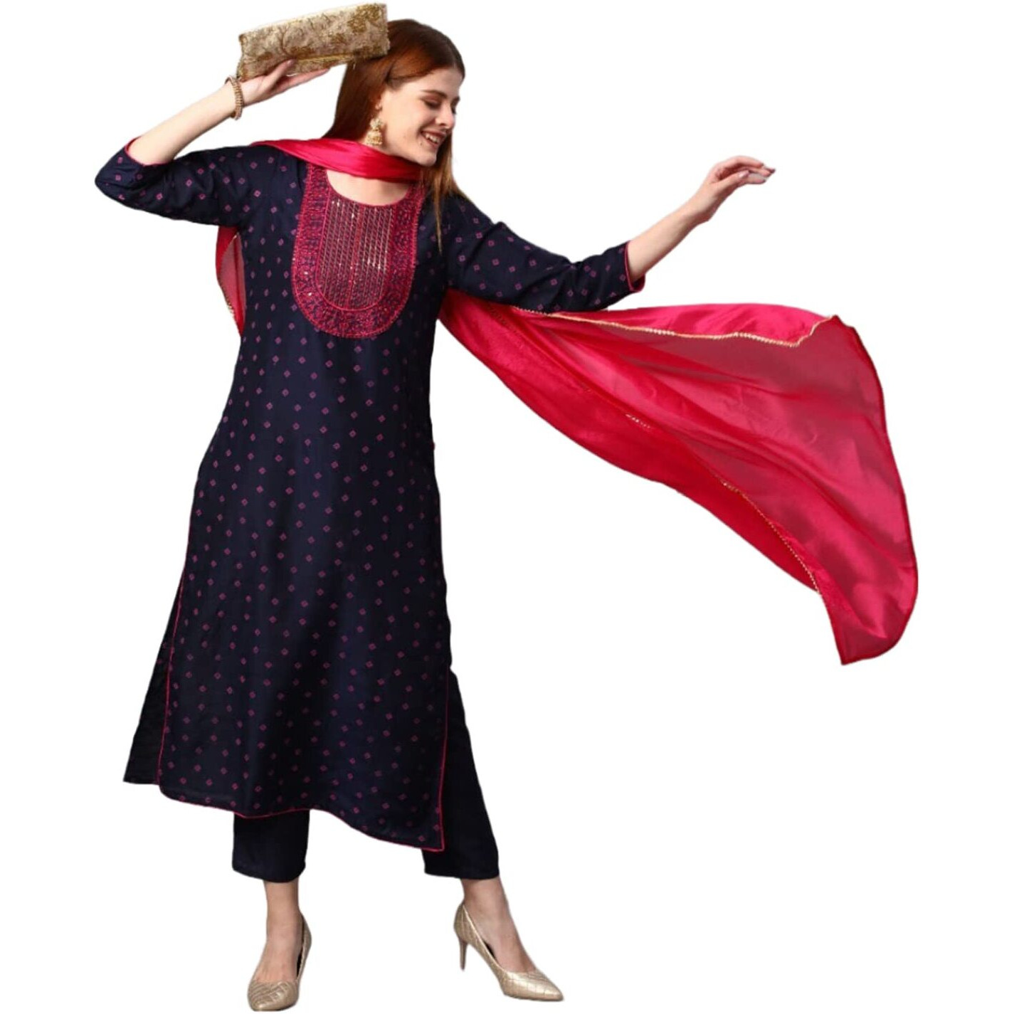GoSriKi Women's Cotton Blend Printed Straight Kurta with Pant & Dupatta (Bhujia Blue-Nw_S-GS_Blue_Small)