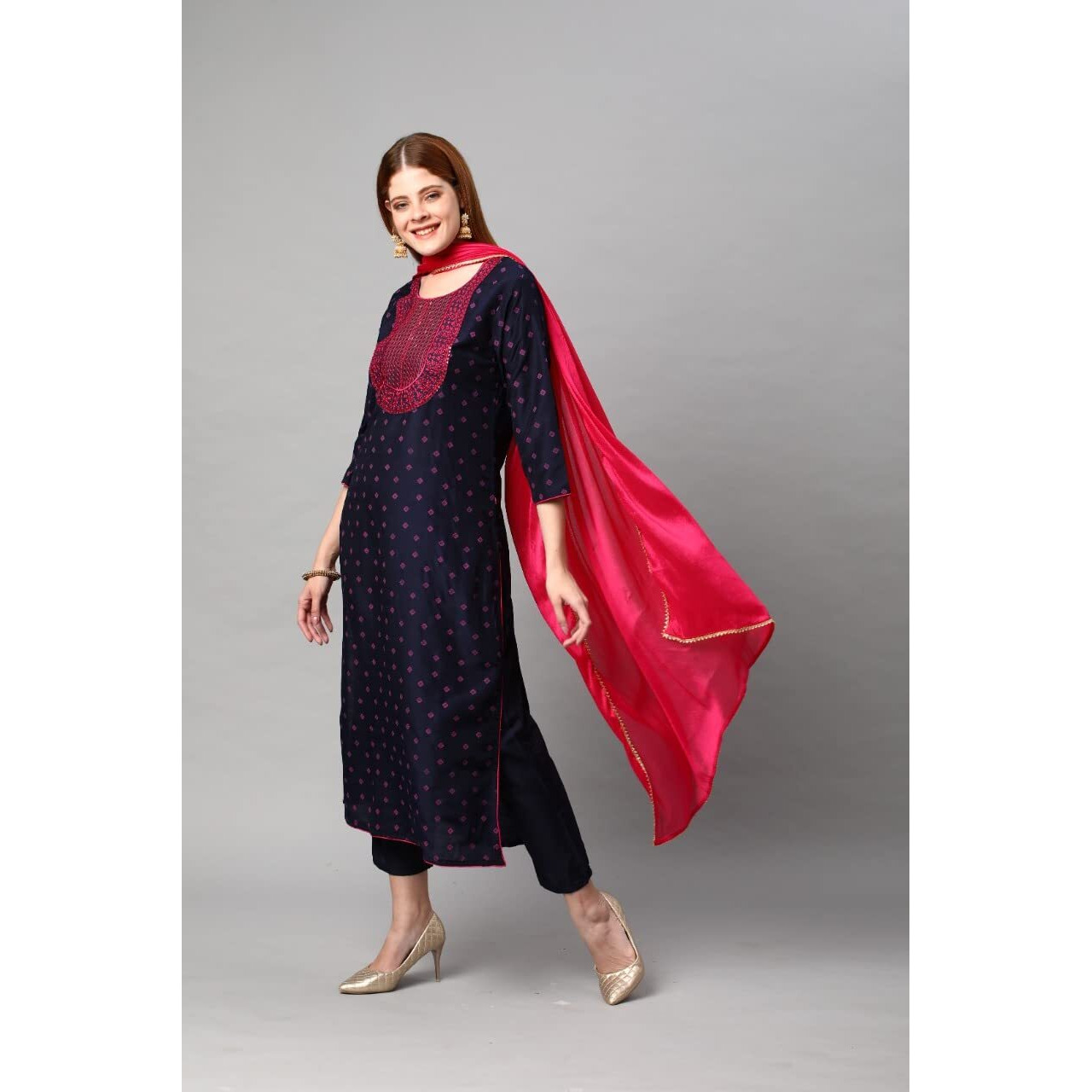 GoSriKi Women's Cotton Blend Printed Straight Kurta with Pant & Dupatta (Bhujia Blue-Nw_S-GS_Blue_Small)