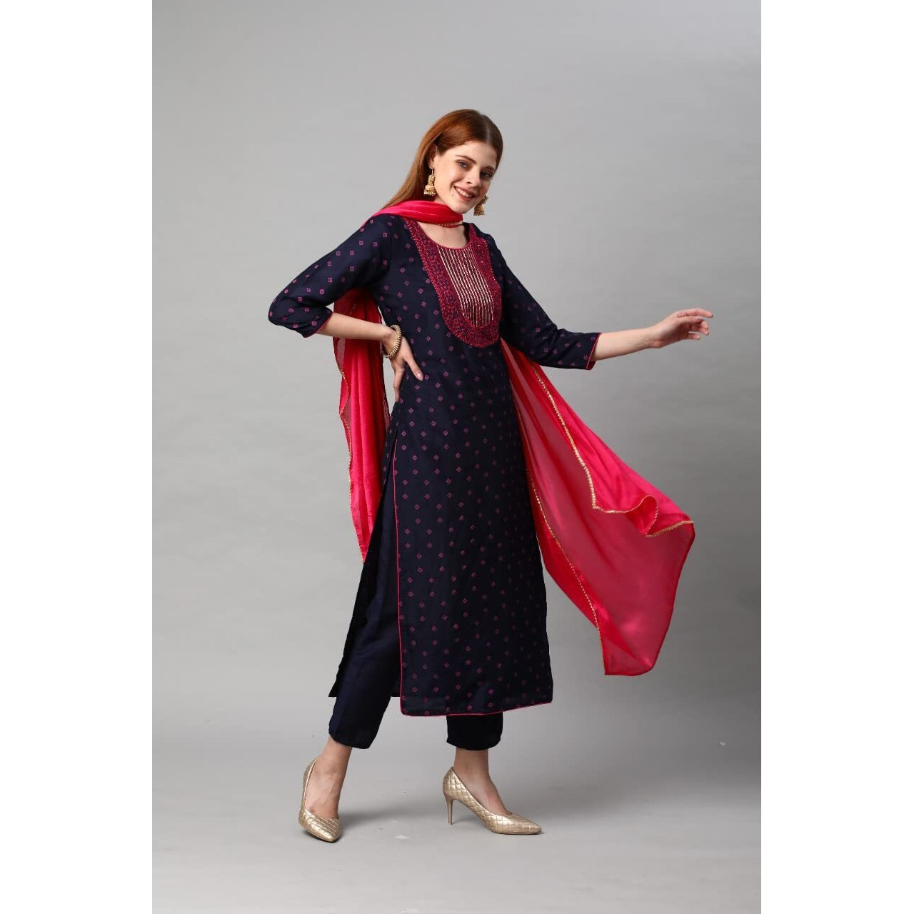 GoSriKi Women's Cotton Blend Printed Straight Kurta with Pant & Dupatta (Bhujia Blue-Nw_S-GS_Blue_Small)