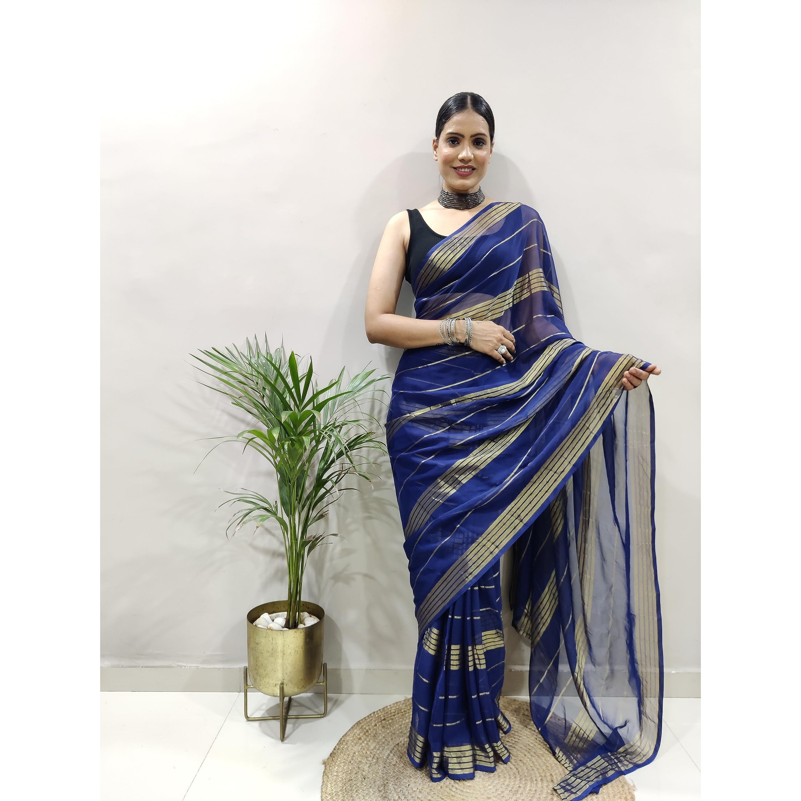 StyleScope Women's Georgette Ready To Wear 1 Minute Saree With Unstitched Blouse Piece (33 Patti Navy_Navy Blue_Free Size)