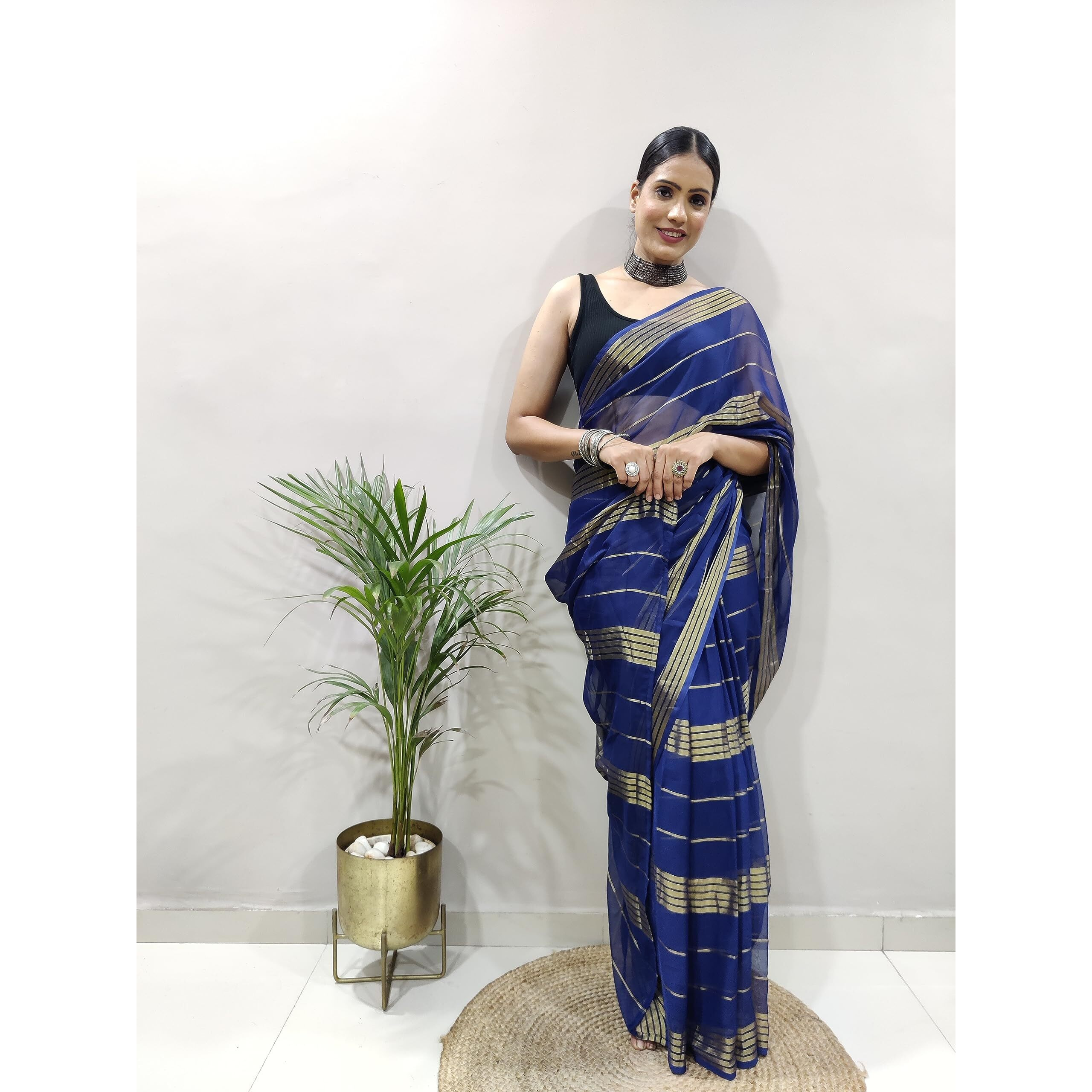 StyleScope Women's Georgette Ready To Wear 1 Minute Saree With Unstitched Blouse Piece (33 Patti Navy_Navy Blue_Free Size)