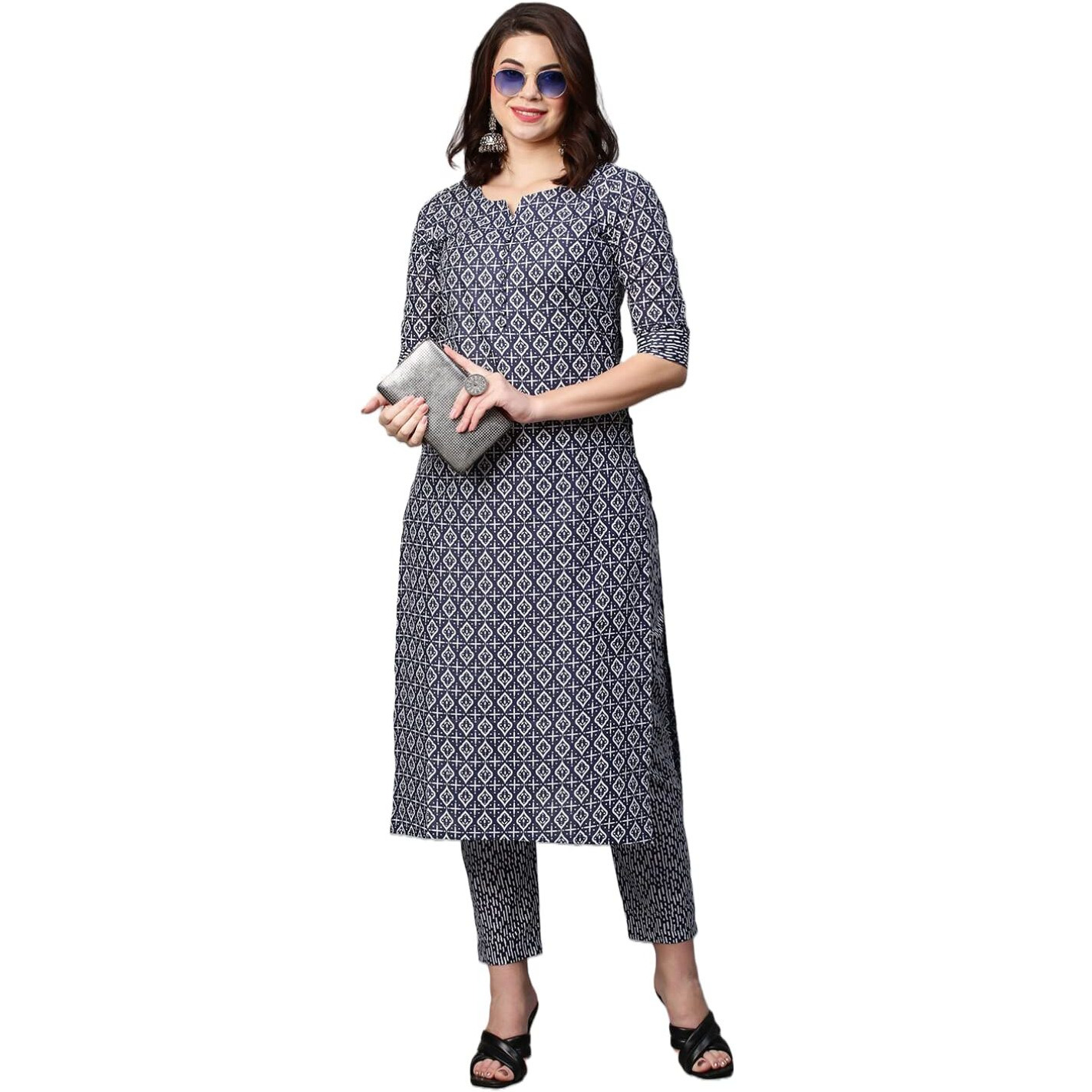 ANNI DESIGNER Women's Cotton Blend Printed Straight Kurta with Pant (Sarva-White_XXL_Dark Blue_XX-Large)