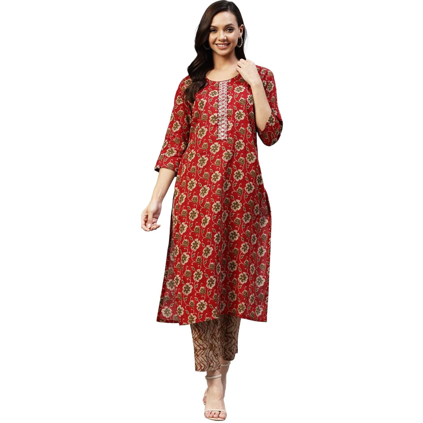 ANNI DESIGNER Women's Cotton Blend Printed Straight Kurta with Pant (Sarva-Pink & Grey_L_Dark Blue_Large)
