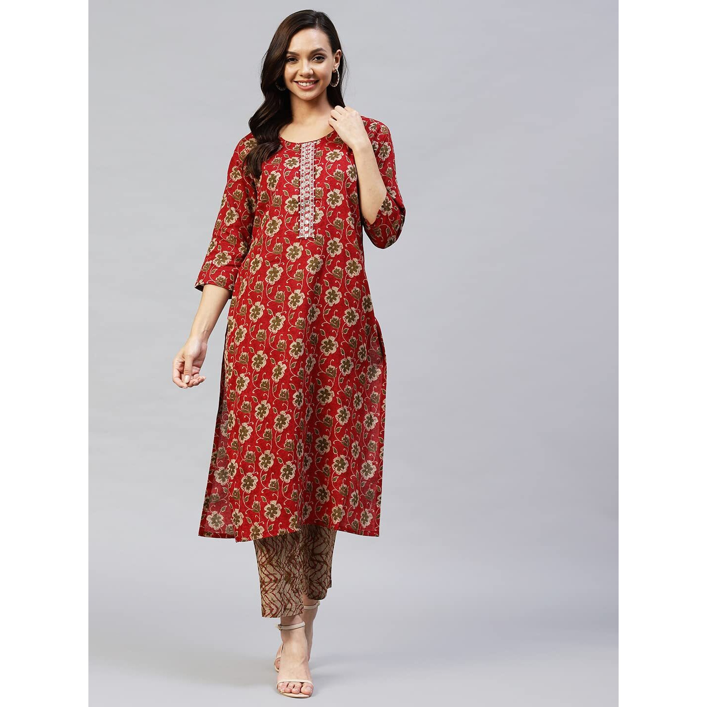ANNI DESIGNER Women's Cotton Blend Printed Straight Kurta with Pant (Sarva-Pink & Grey_L_Dark Blue_Large)