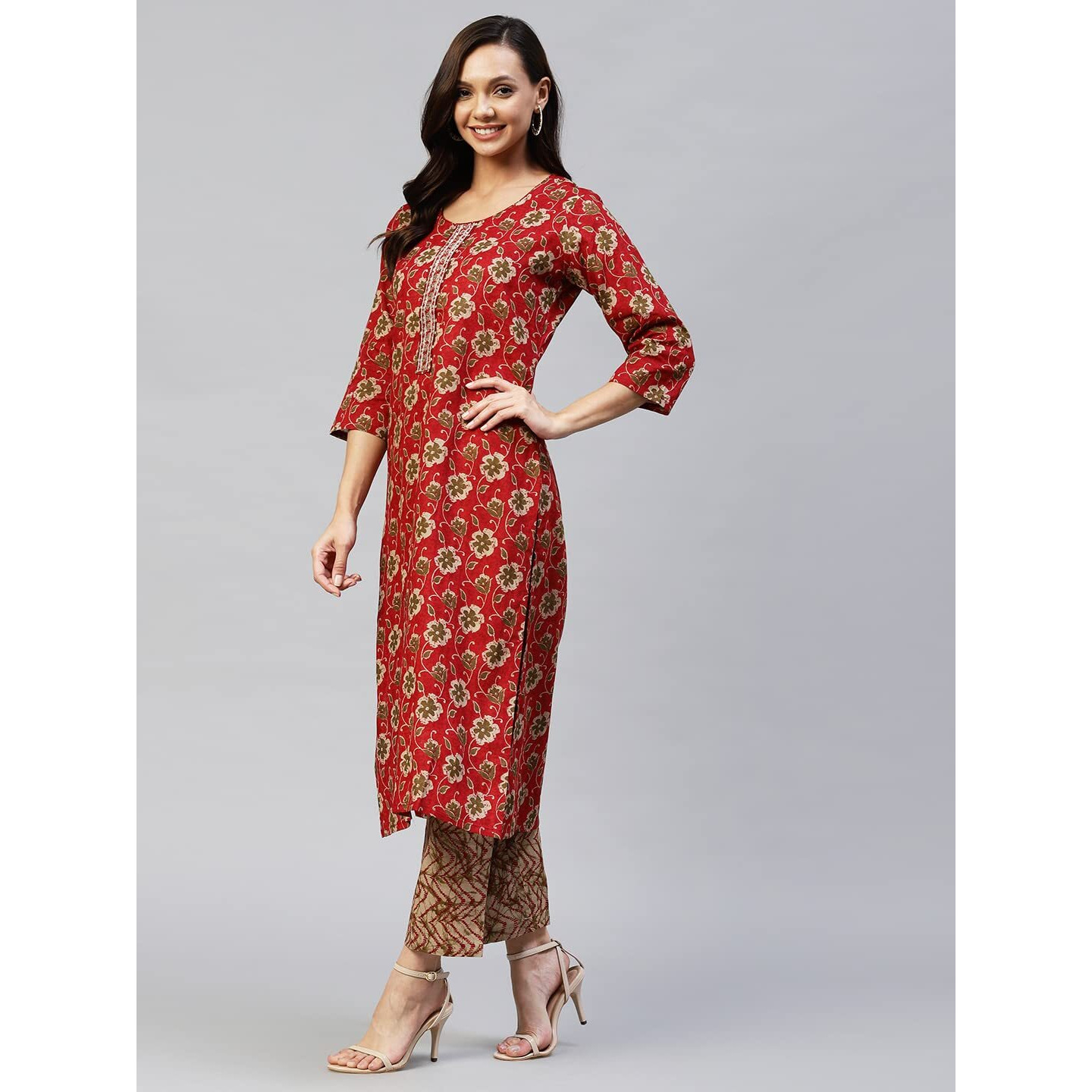 ANNI DESIGNER Women's Cotton Blend Printed Straight Kurta with Pant (Sarva-Pink & Grey_L_Dark Blue_Large)