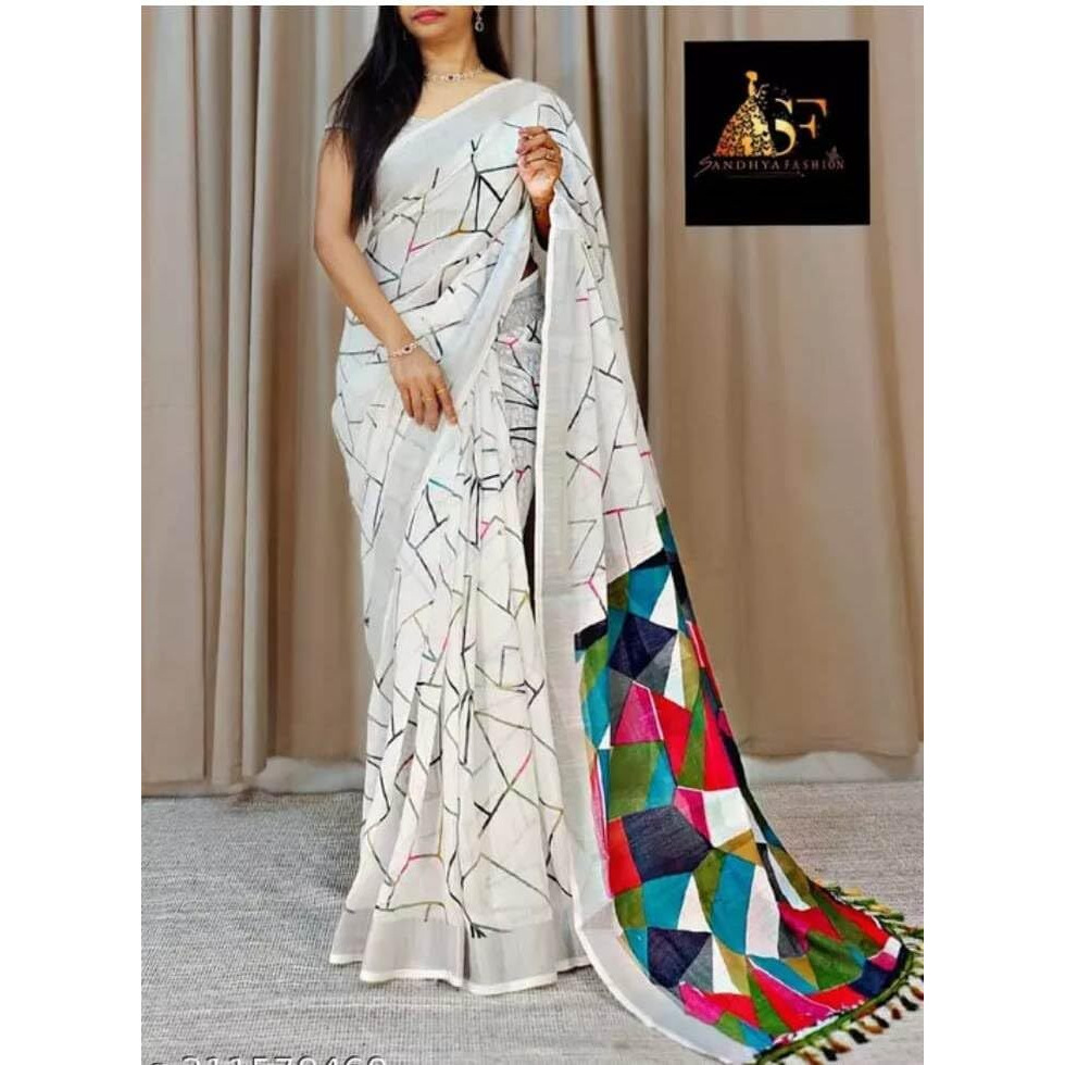 C J Enterprise Womens Pure Soft Cotton Saree Linen For Kalamkari Silk Sarees Latest Party Design Wear Wedding Sadi With Blouse Piece sari south mulmul ikkat mul print 2024 New (Kia White)