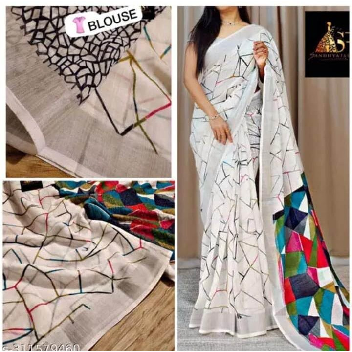 C J Enterprise Womens Pure Soft Cotton Saree Linen For Kalamkari Silk Sarees Latest Party Design Wear Wedding Sadi With Blouse Piece sari south mulmul ikkat mul print 2024 New (Kia White)