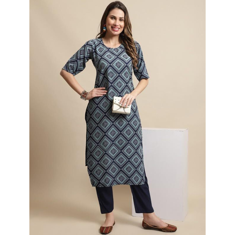 Pinkmint Kurta Set for Women Cotton Printed Knee Length Straight Round Neck Kurti with Pant (Pack of 1)