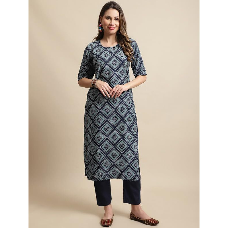 Pinkmint Kurta Set for Women Cotton Printed Knee Length Straight Round Neck Kurti with Pant (Pack of 1)