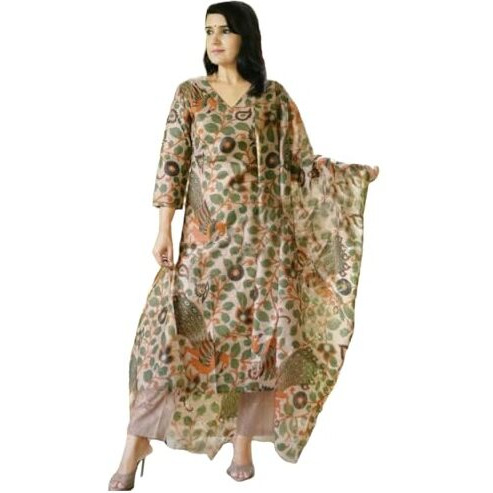 ANNI DESIGNER Women's Cotton Blend Straight Printed Kurta with Pant & Dupatta (Uskana Beige_M_Cream_Medium)