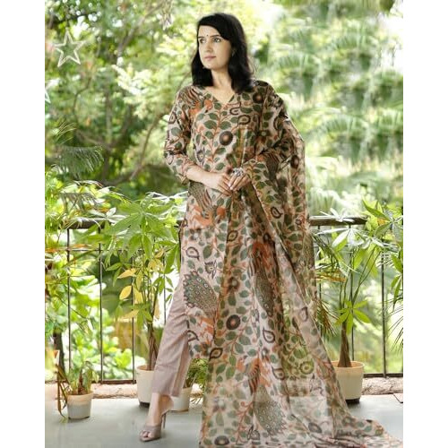 ANNI DESIGNER Women's Cotton Blend Straight Printed Kurta with Pant & Dupatta (Uskana Beige_M_Cream_Medium)