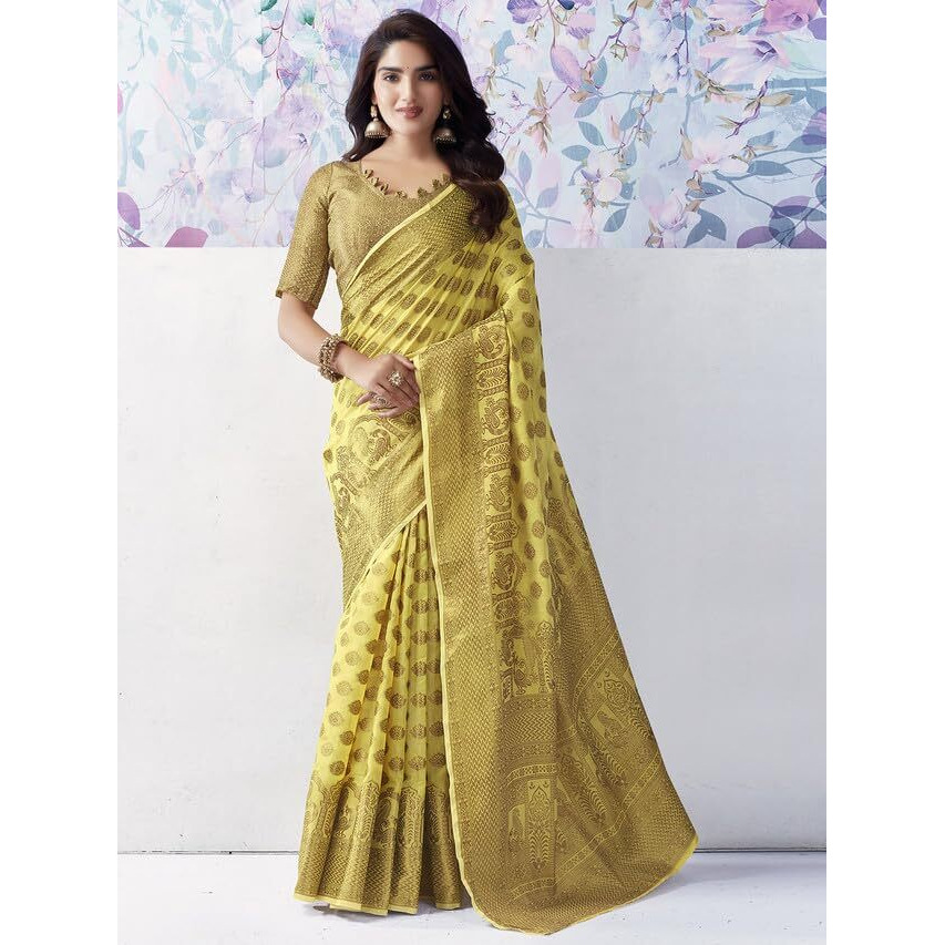 Satrani Women's Cotton Silk Jacquard Saree with Unstitched Blouse Piece (3615S340N_Yellow3)