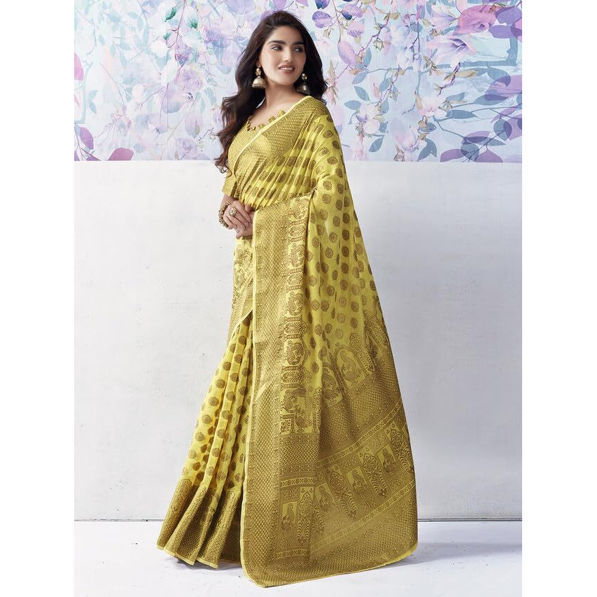 Satrani Women's Cotton Silk Jacquard Saree with Unstitched Blouse Piece (3615S340N_Yellow3)