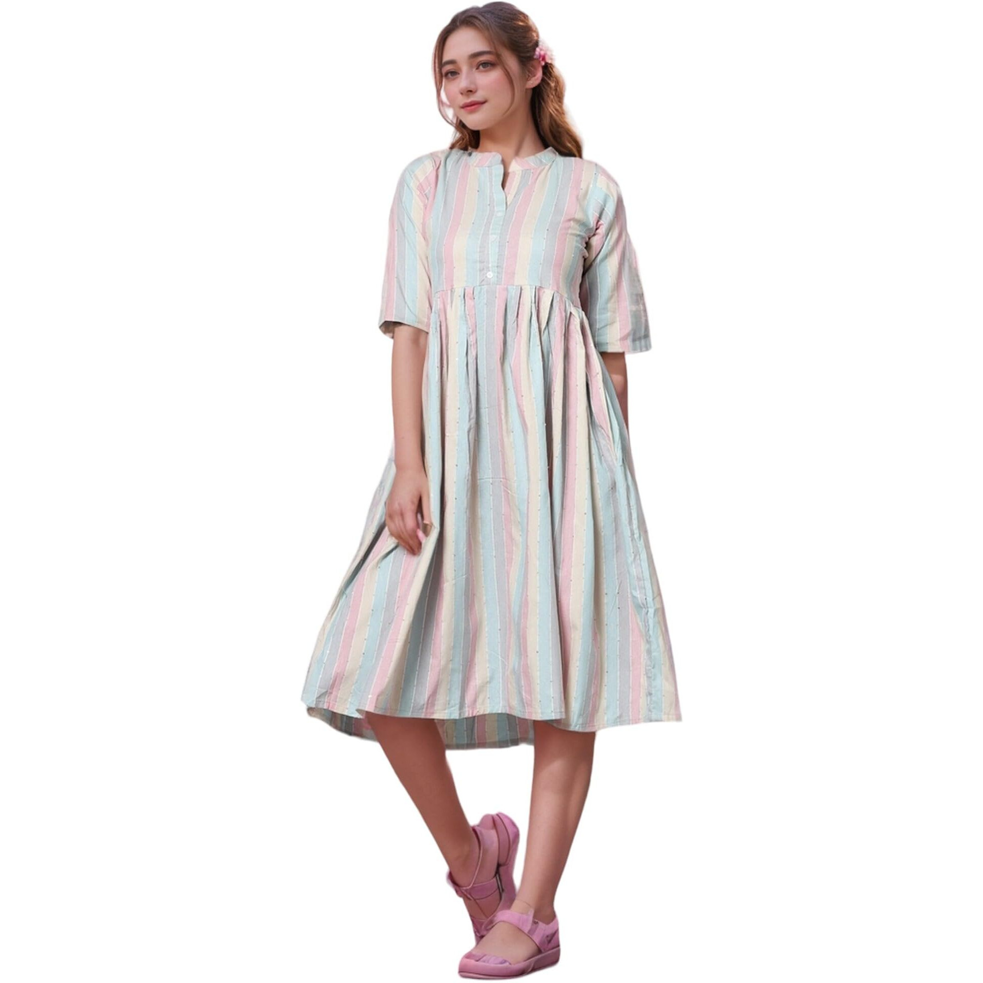 Vinchic Womens Pure Cotton Striped Anarkali Kurtis|Collar Kurti