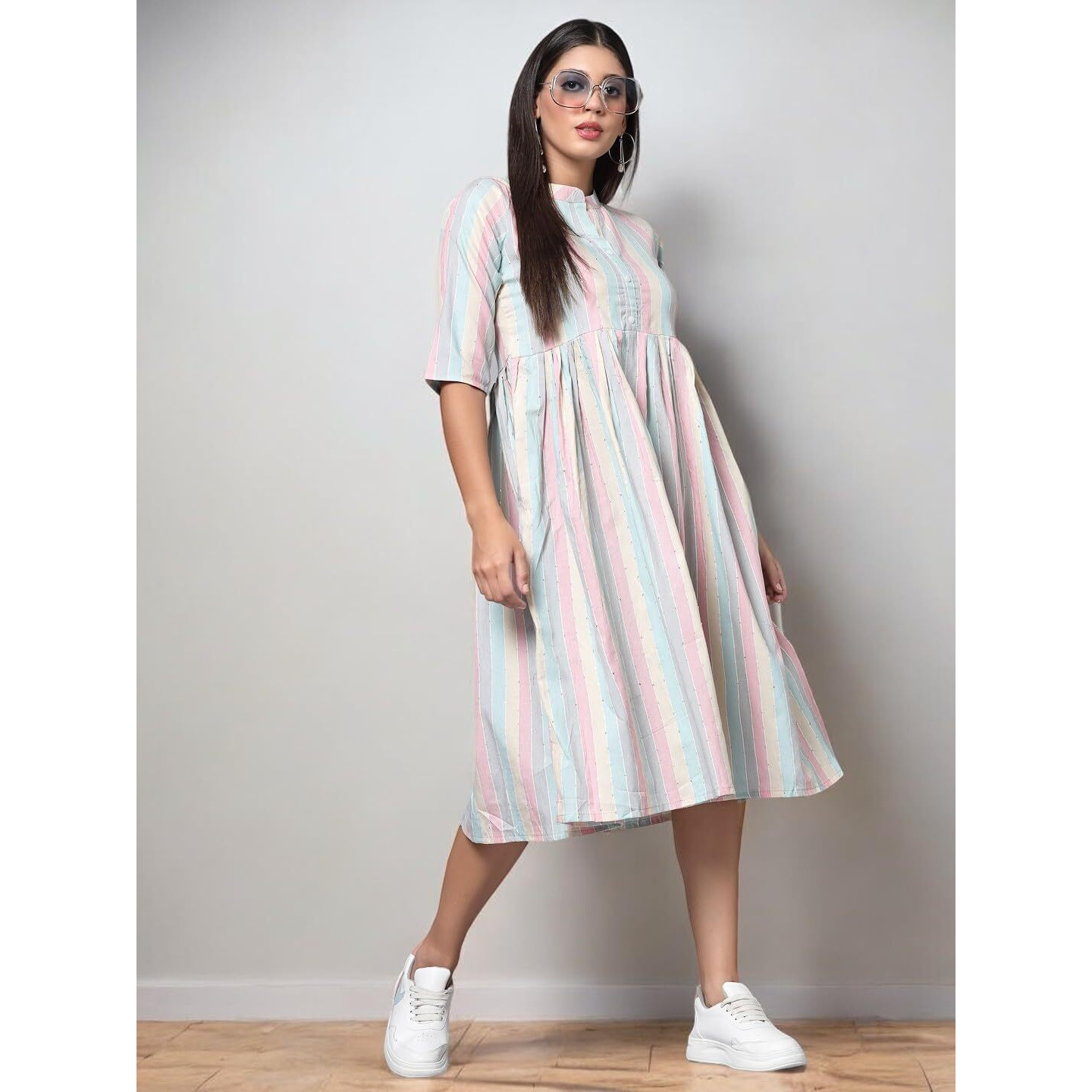 Vinchic Womens Pure Cotton Striped Anarkali Kurtis|Collar Kurti