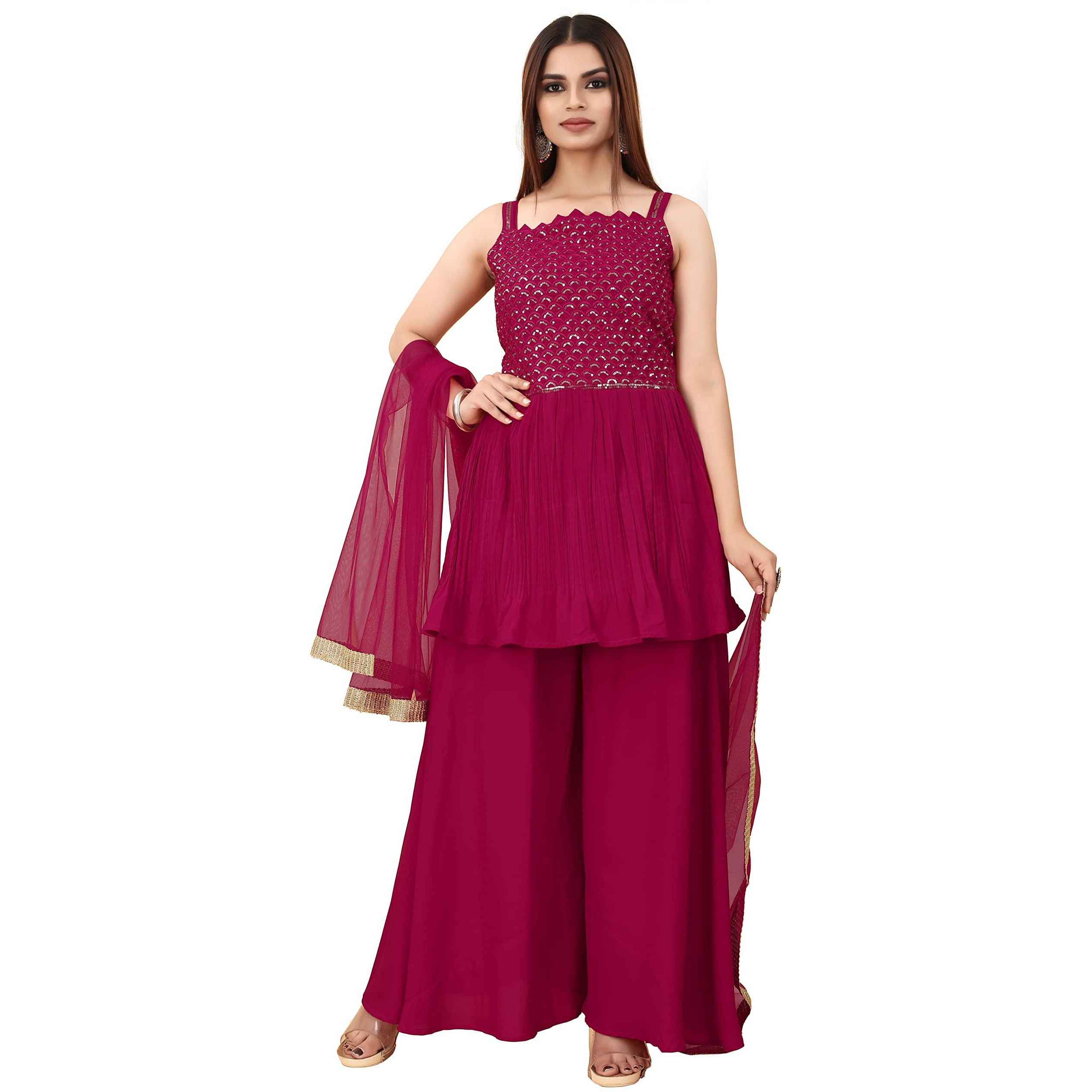 Angel f Studio Madhuri Dixit Women's Pink Viscose Kurta Sharara Set with Dupatta (Medium, Rani)