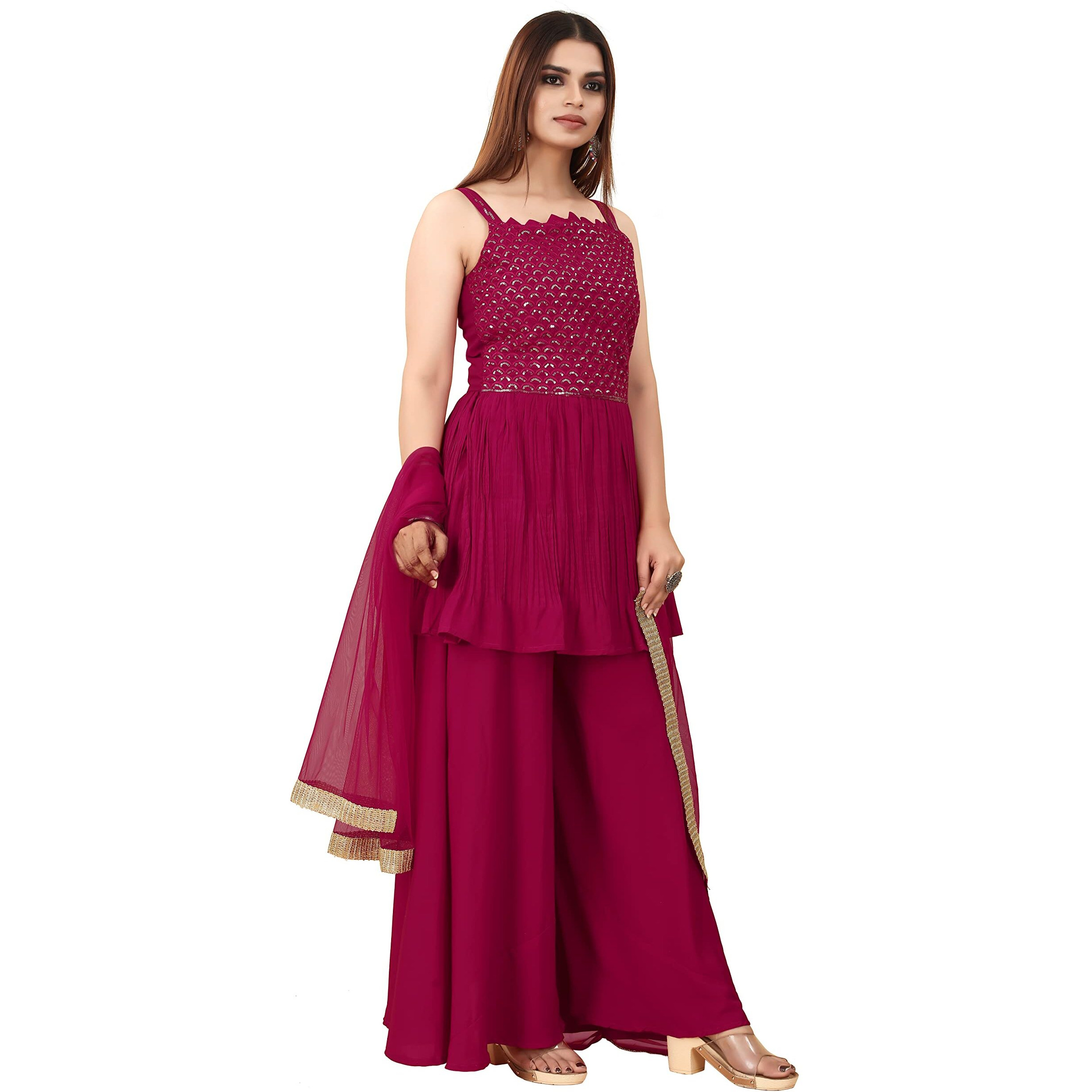 Angel f Studio Madhuri Dixit Women's Pink Viscose Kurta Sharara Set with Dupatta (Medium, Rani)