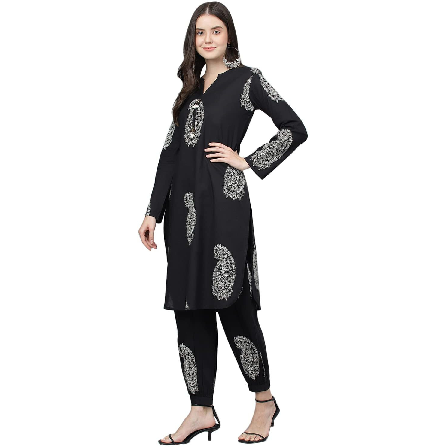 Divena Black Floral Cotton Straight Kurta Hem Cuffed Pant set