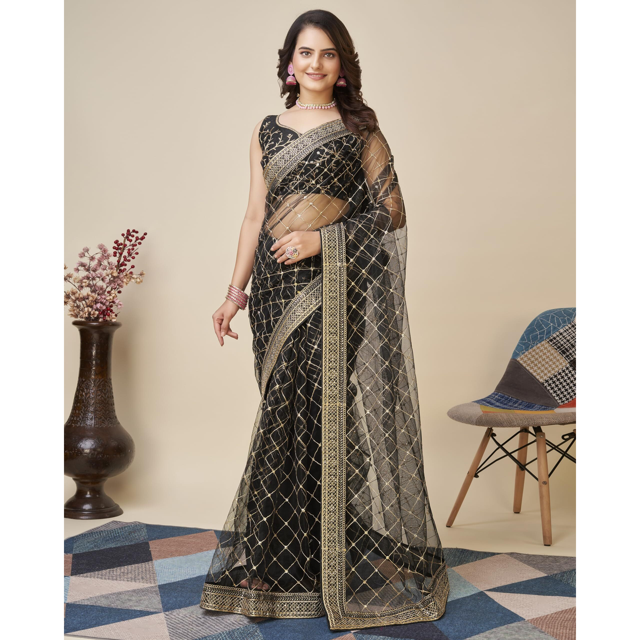 Ekasya Women Soft Net Black Embroidery Saree (E6097_2)