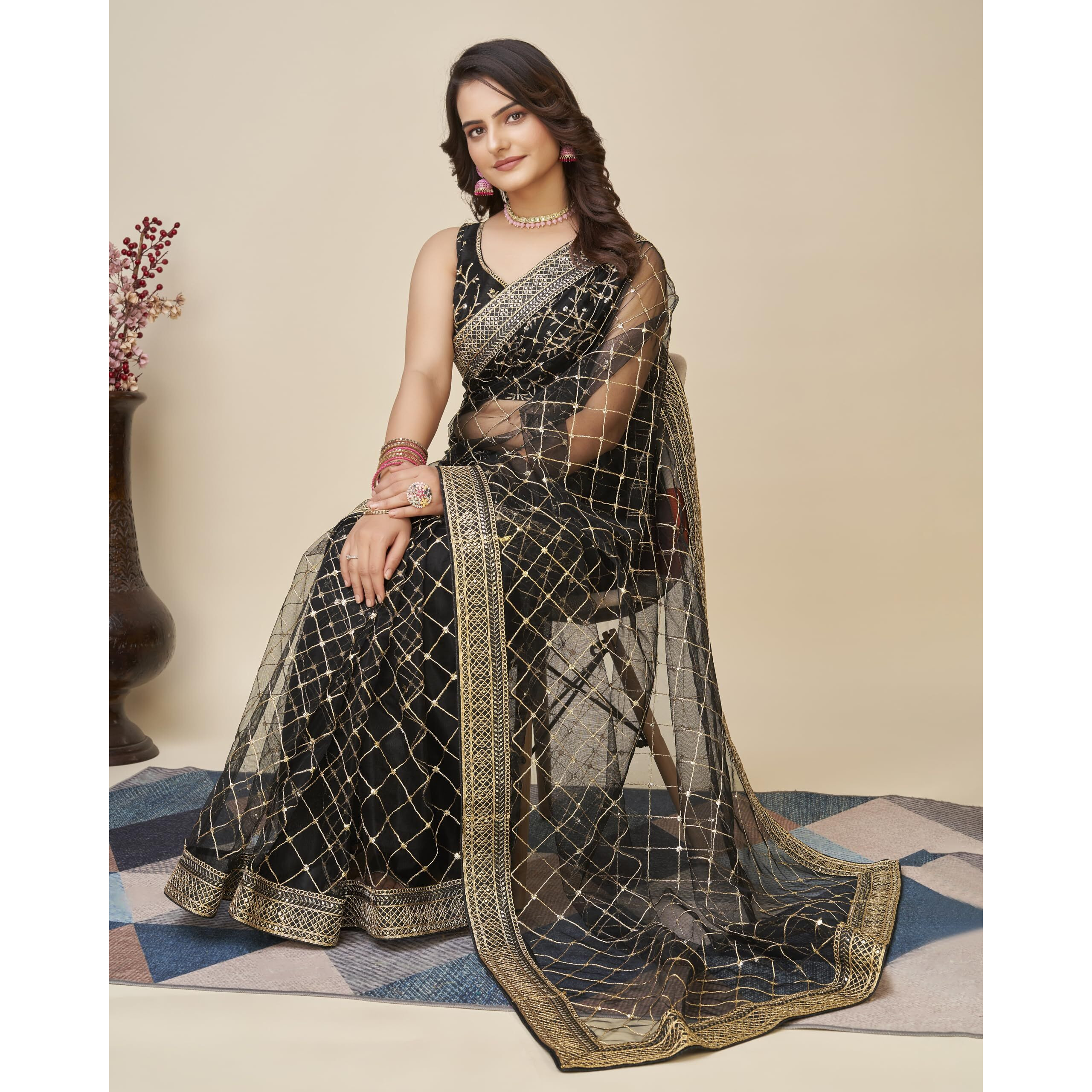 Ekasya Women Soft Net Black Embroidery Saree (E6097_2)