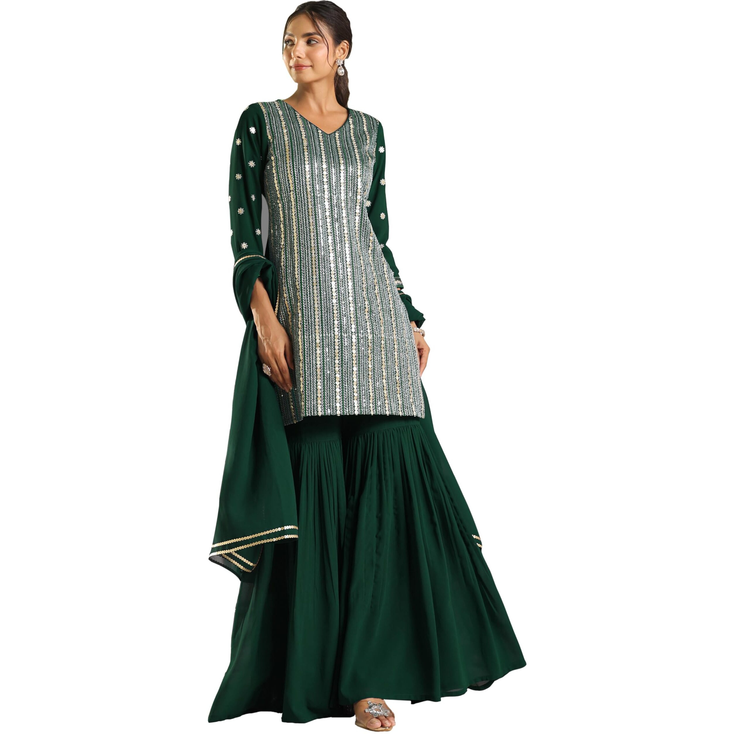 Janasya Women's Bottle Green Georgette Sequined Straight Kurta with Sharara & Dupatta Set (JAB24ST01245-L)