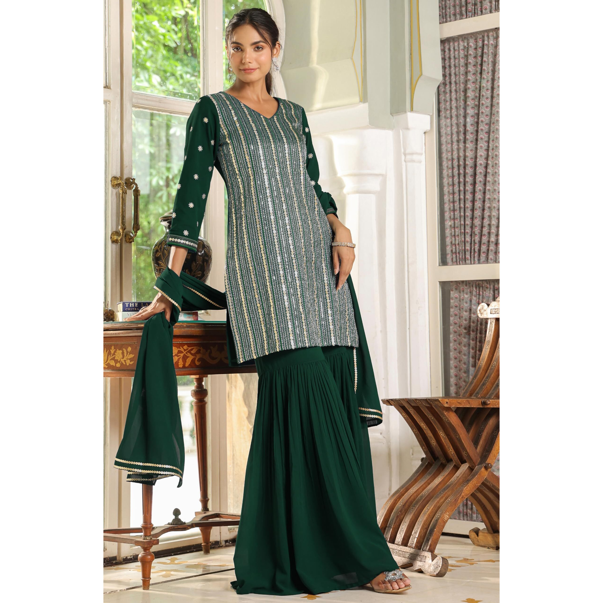 Janasya Women's Bottle Green Georgette Sequined Straight Kurta with Sharara & Dupatta Set (JAB24ST01245-L)