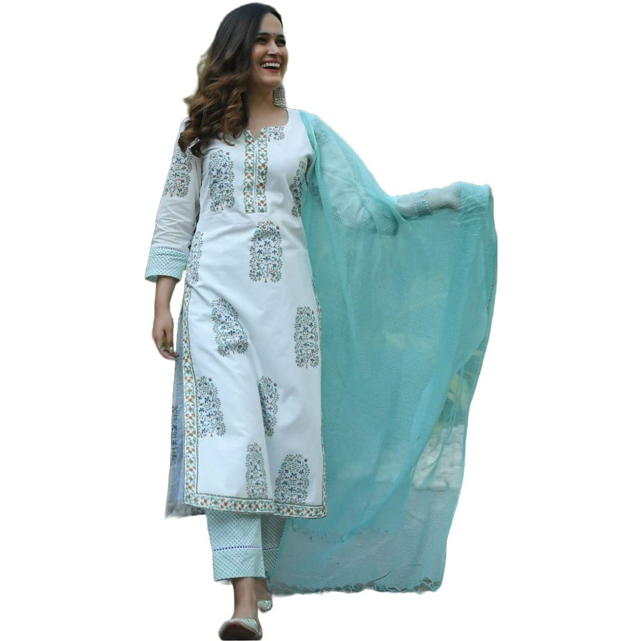 GoSriKi Women's Cotton Blend Straight Printed Kurta with Pant & Dupatta (Princess Multi_L-GO_Multicolored_Large)