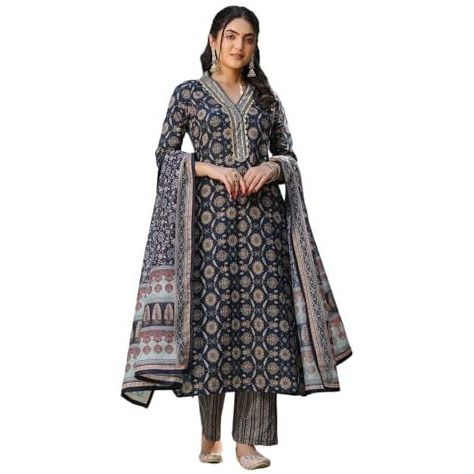 NAINVISH Women's Viscose Rayon Printed Straight V-Neck Kurta Pant with Dupatta (SD714_KBD-XXL_Blue)