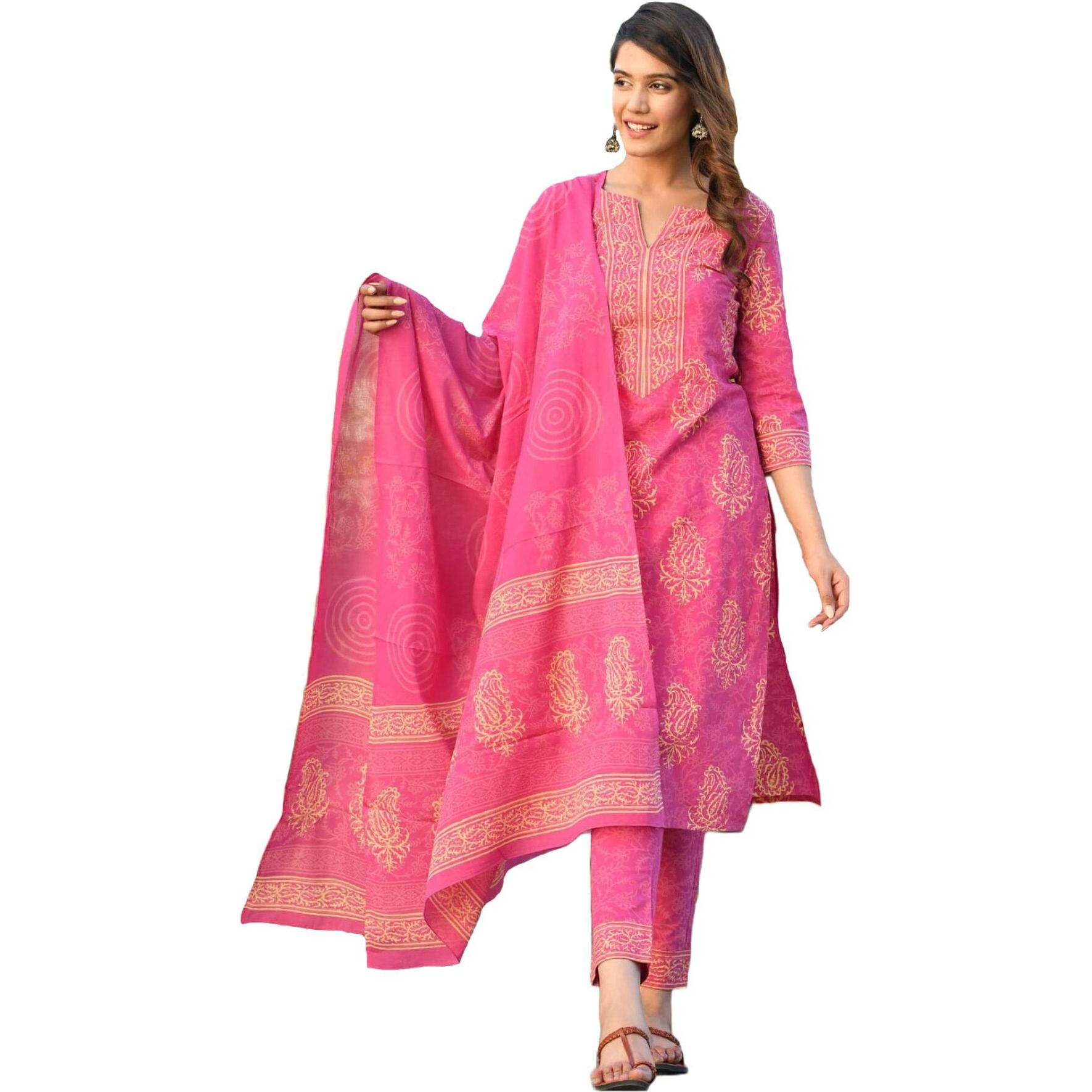 GoSriKi Women's Rayon Blend Printed Straight Kurta with Pant & Dupatta (Open-Pink-GS_S_Pink_Small)