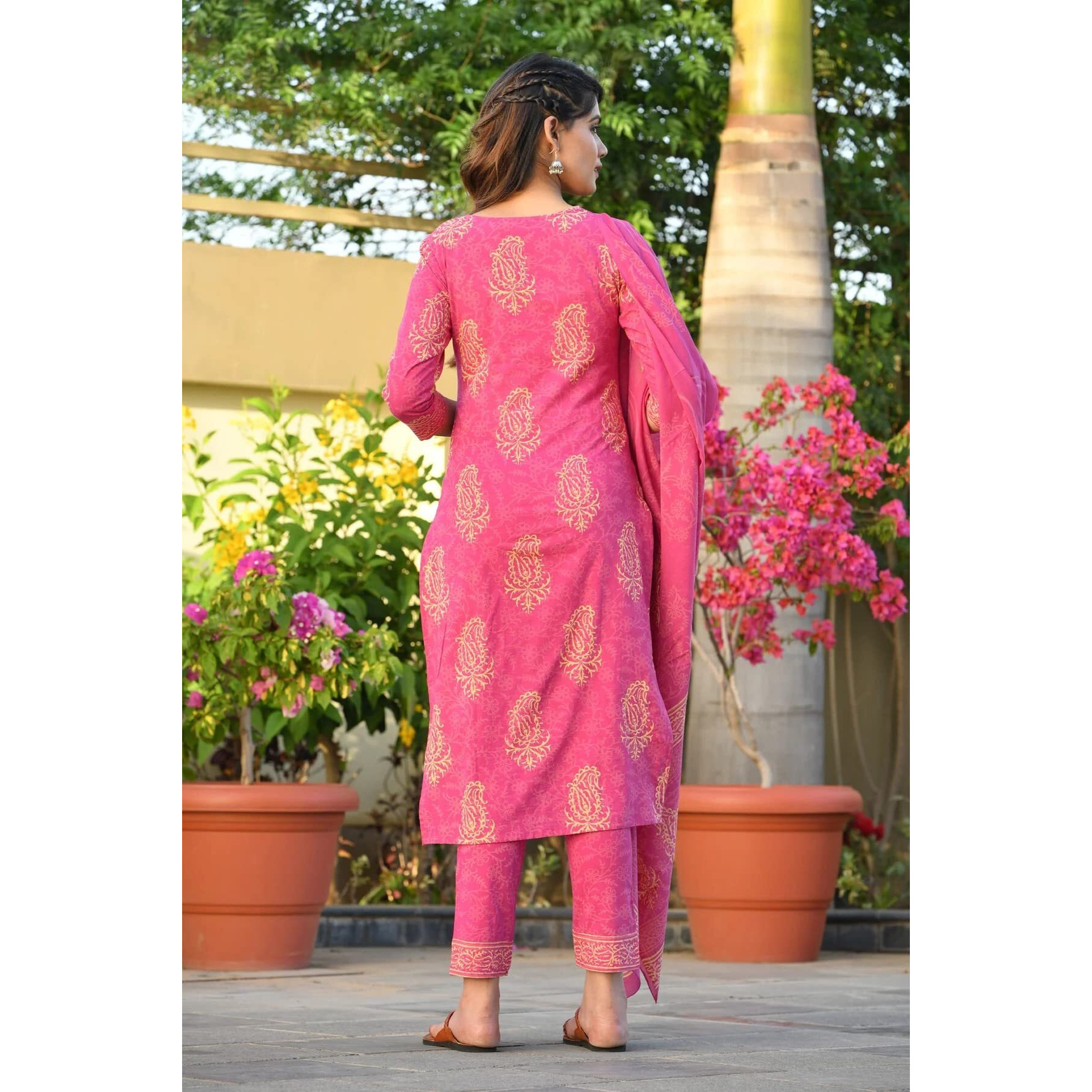 GoSriKi Women's Rayon Blend Printed Straight Kurta with Pant & Dupatta (Open-Pink-GS_S_Pink_Small)