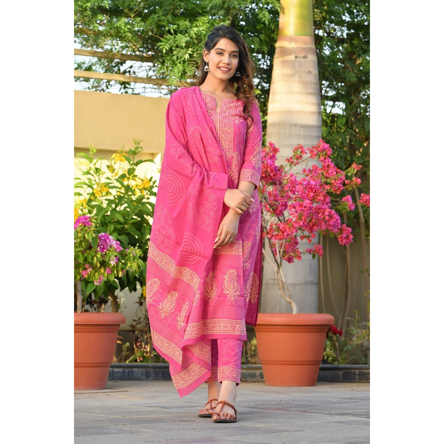 GoSriKi Women's Rayon Blend Printed Straight Kurta with Pant & Dupatta (Open-Pink-GS_S_Pink_Small)