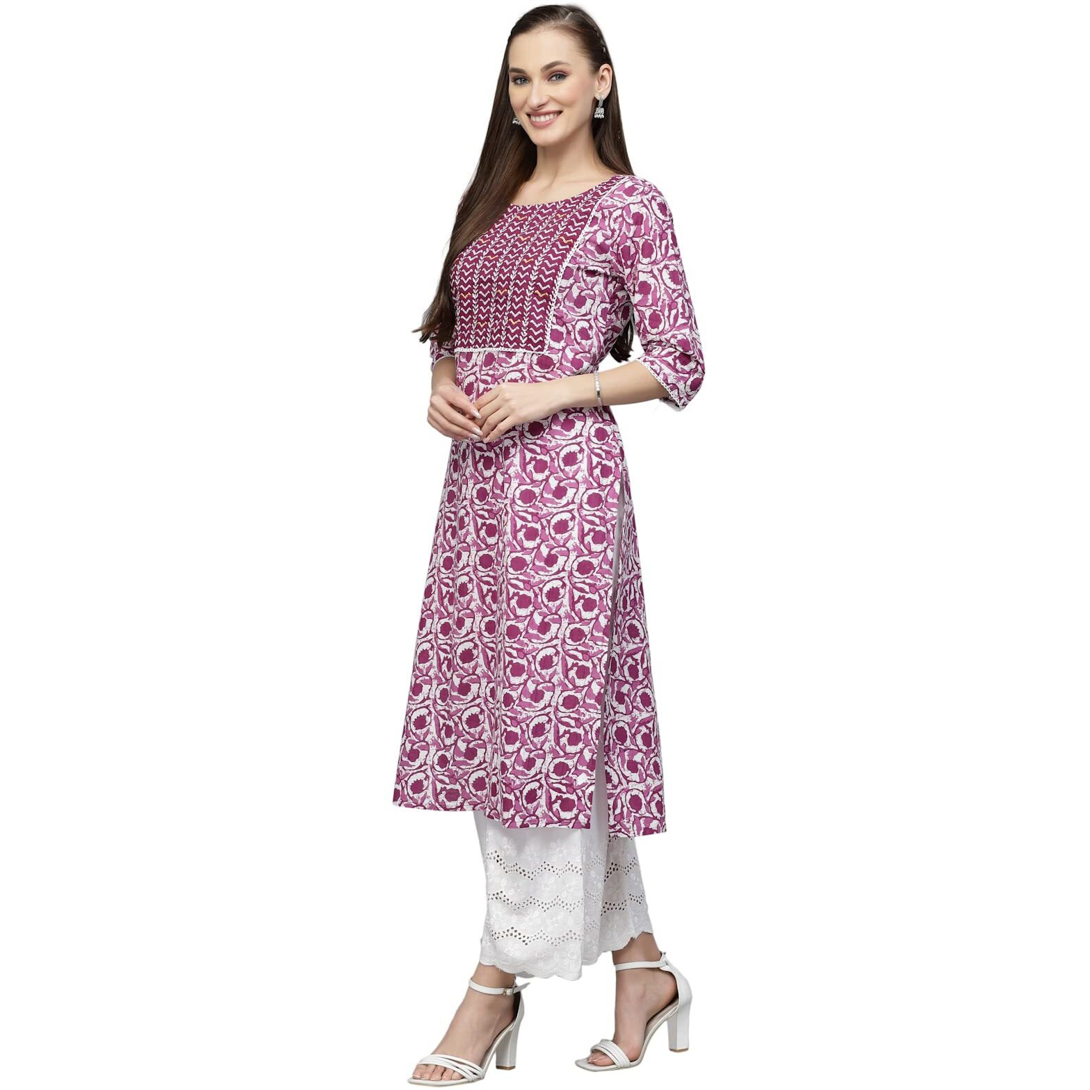 Stylum Women's Indigo Printed Cotton Slub Straight Kurta (PURPLEBIRD36_Purple, S)