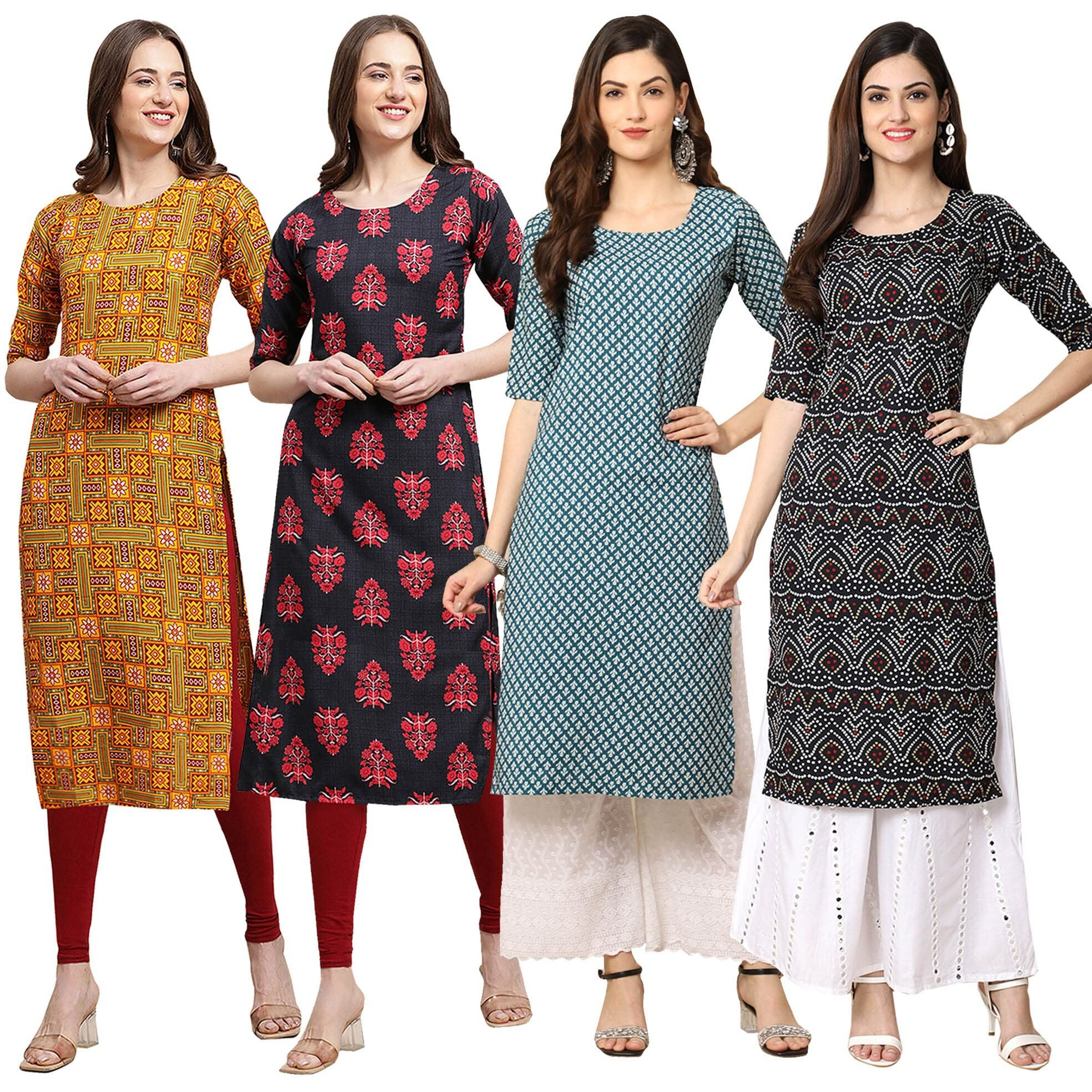 Pinkmint Women's Crepe Digital Print Straight Kurta [Pack of 4] (BD-333-345-351-373-XL)