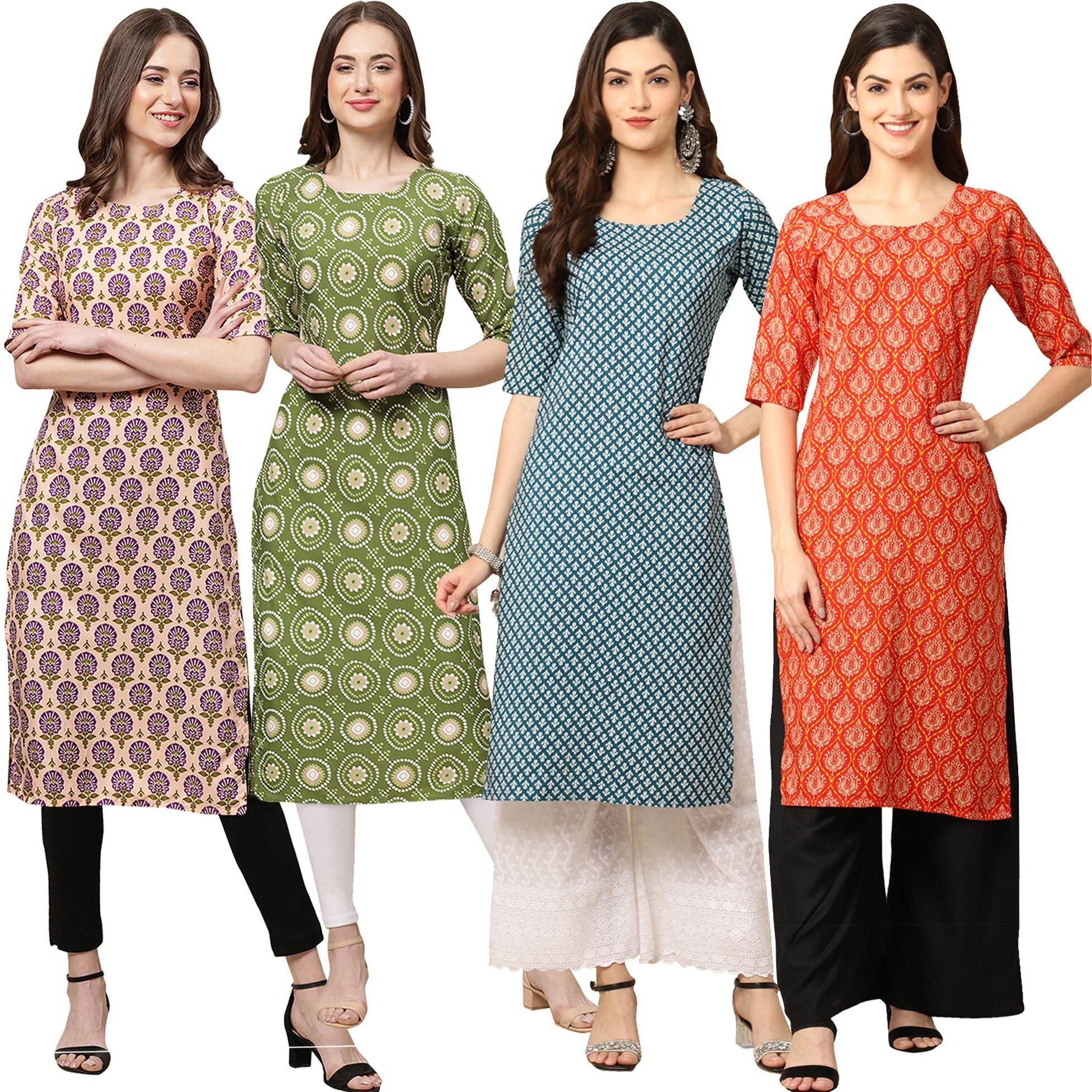 Pinkmint Women's Crepe Digital Print Straight Kurta [Pack of 4] (BD-332-338-351-354-XXL)