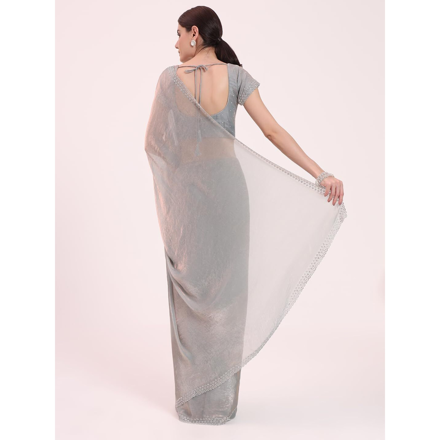 FIORRA Women's Grey Organza Crushed Siroski Work Embellished Border Saree With Unstitched Blouse