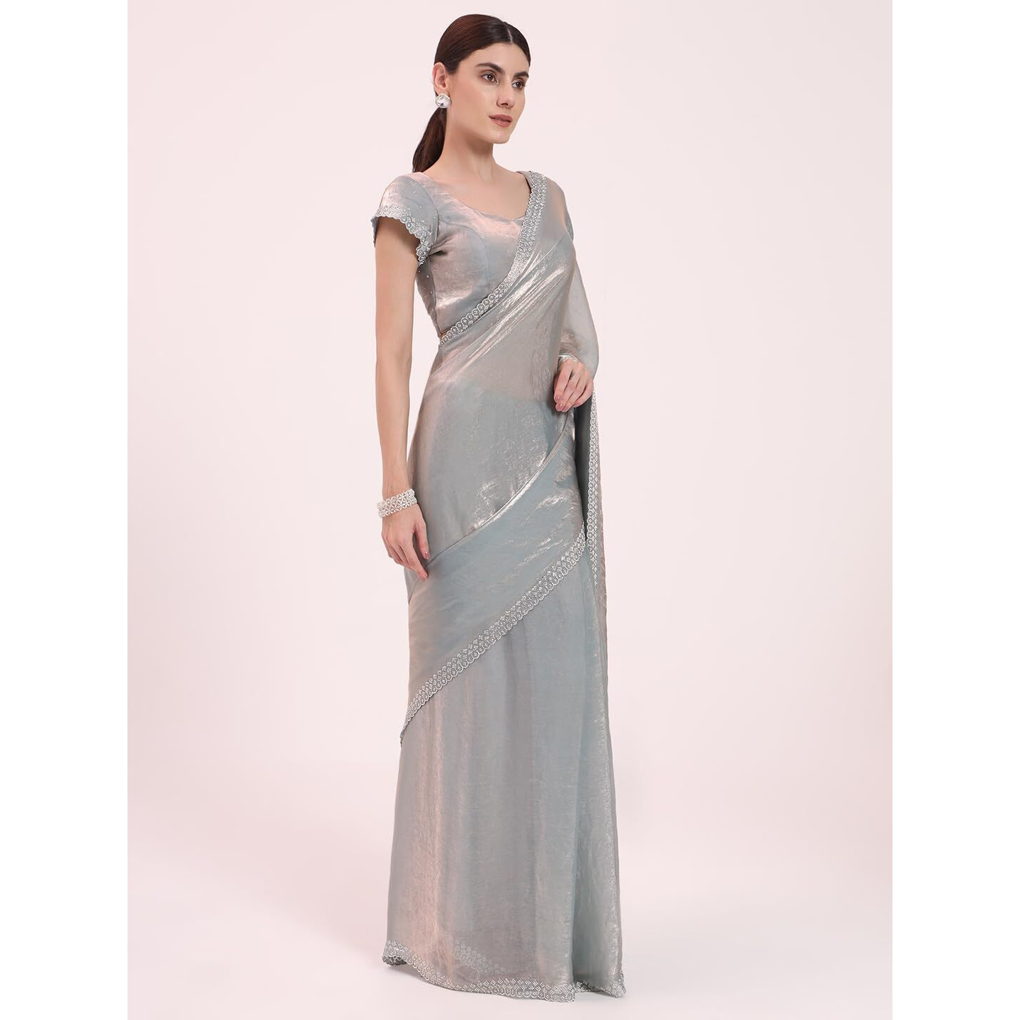 FIORRA Women's Grey Organza Crushed Siroski Work Embellished Border Saree With Unstitched Blouse