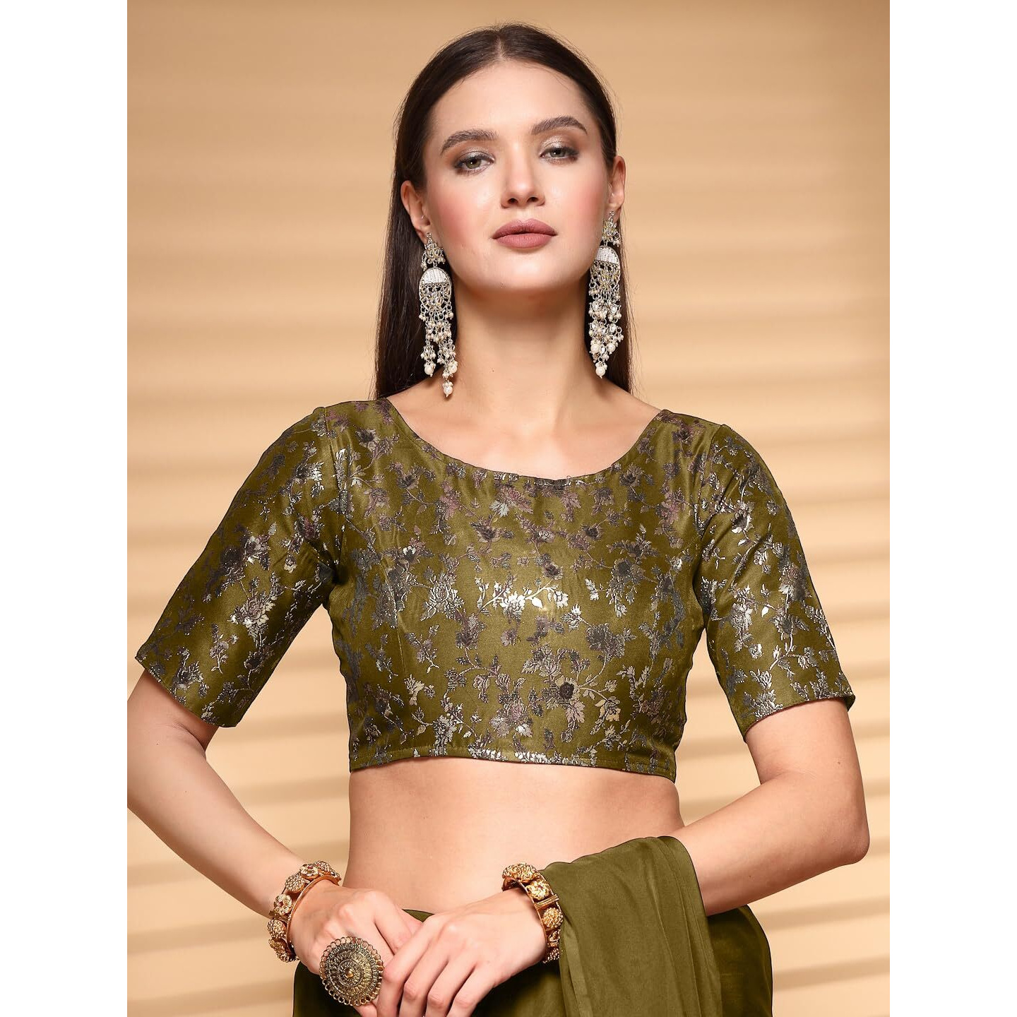 OOMPH Readymade Blouse for Women, Brocade, Boat Neck, rbbl526