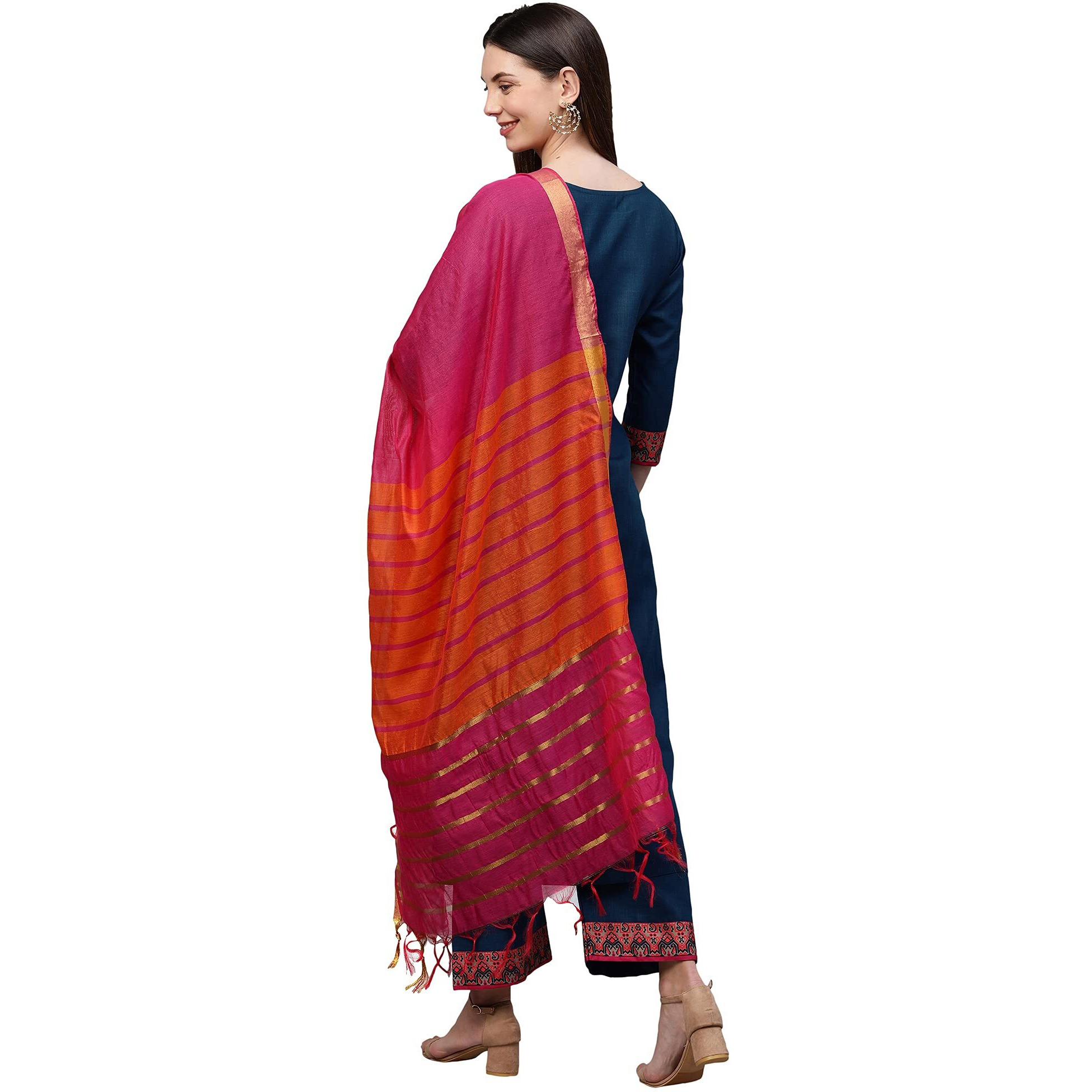ANNI DESIGNER Women's Cotton Printed Straight Kurta with Palazzo & Dupatta (ANUPMA Blue_L_Blue_Large)