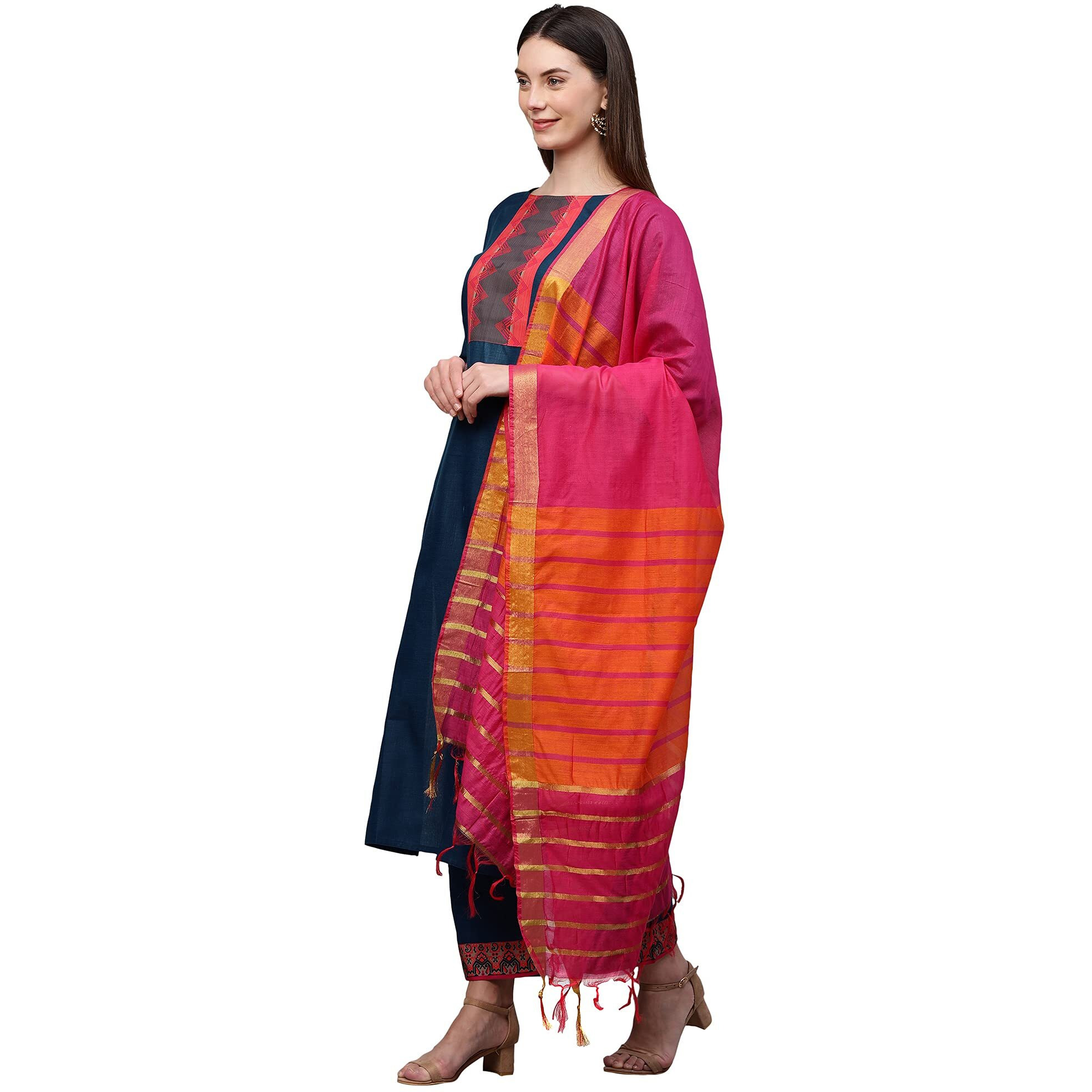 ANNI DESIGNER Women's Cotton Printed Straight Kurta with Palazzo & Dupatta (ANUPMA Blue_L_Blue_Large)