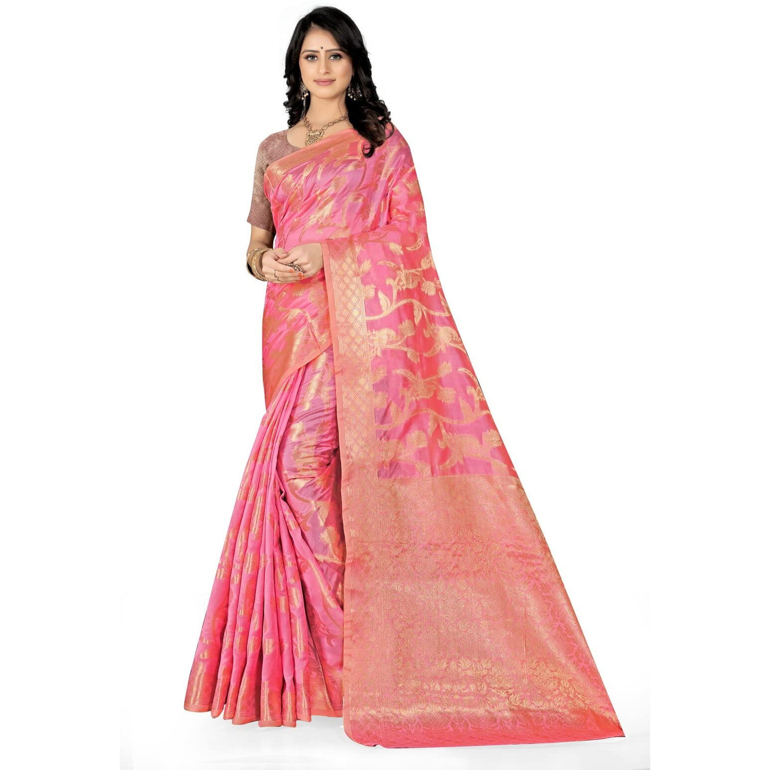 Flosive Women's Latest Kanjivaram Soft Silk Wedding Saree With Fancy Blouse (PINK)